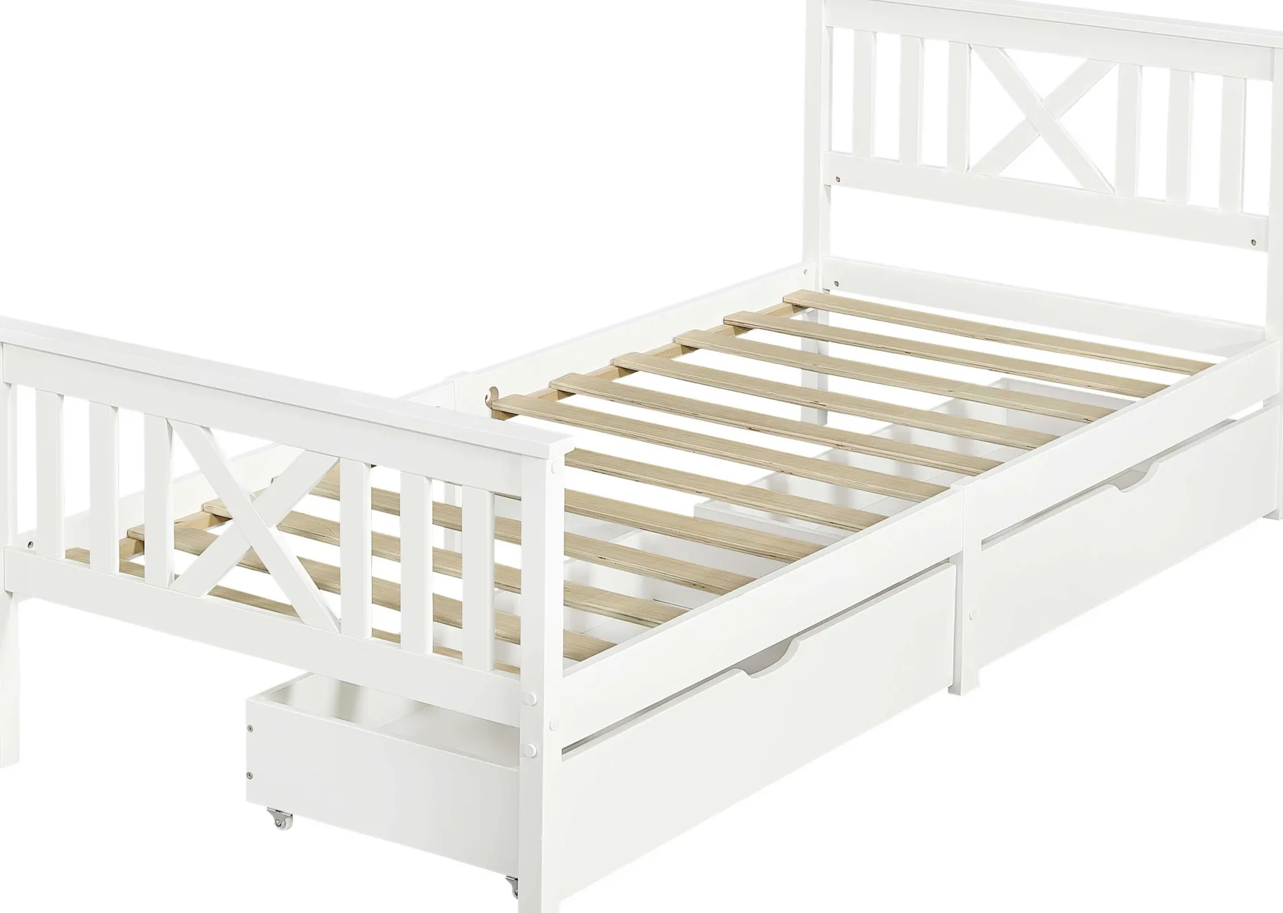 Einzelbett Milo - 90x200cm - mit Schubladen - massivem Kiefernholz - weiß