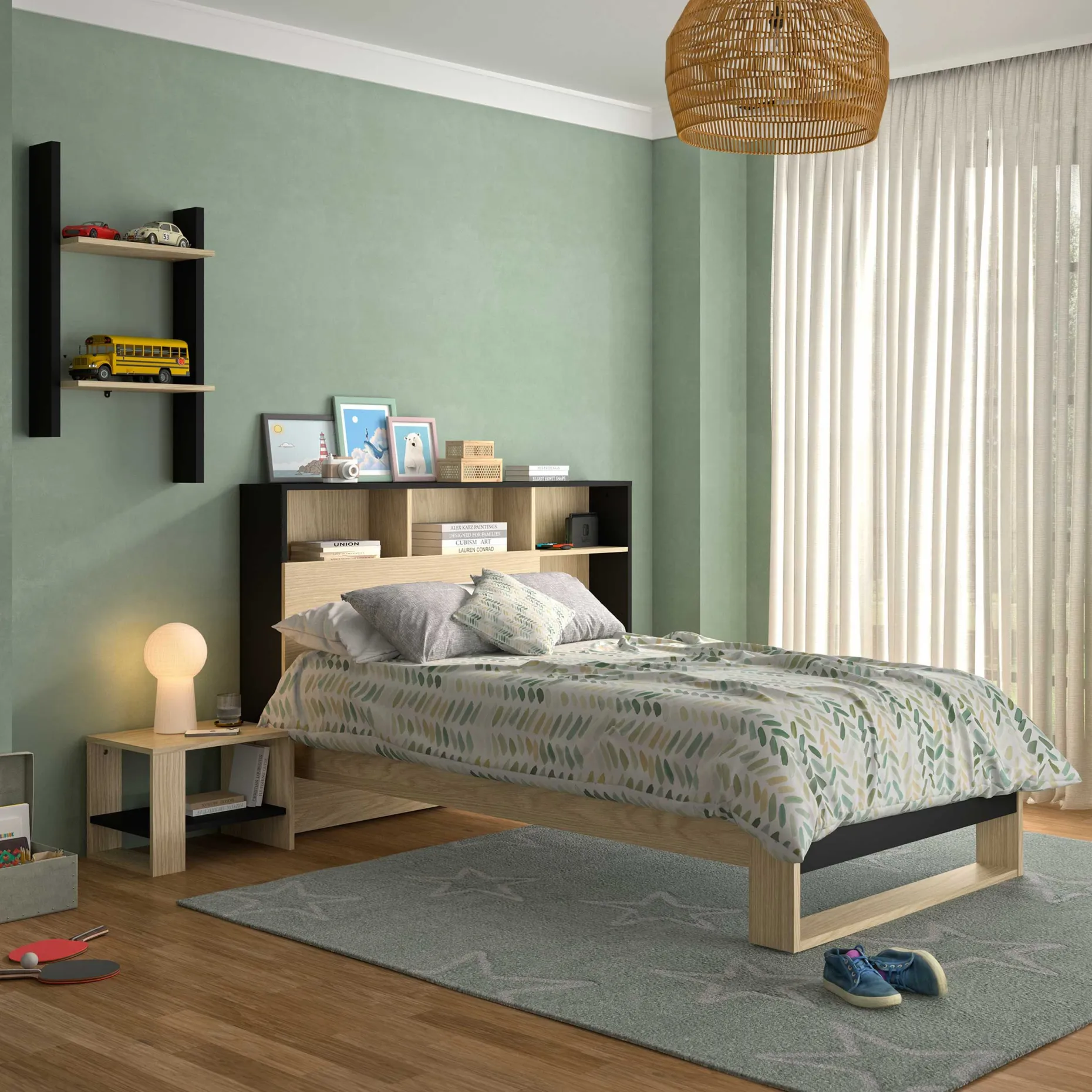 Einzelbett Nael - 90x200cm - Eiche Dekor/schwarz