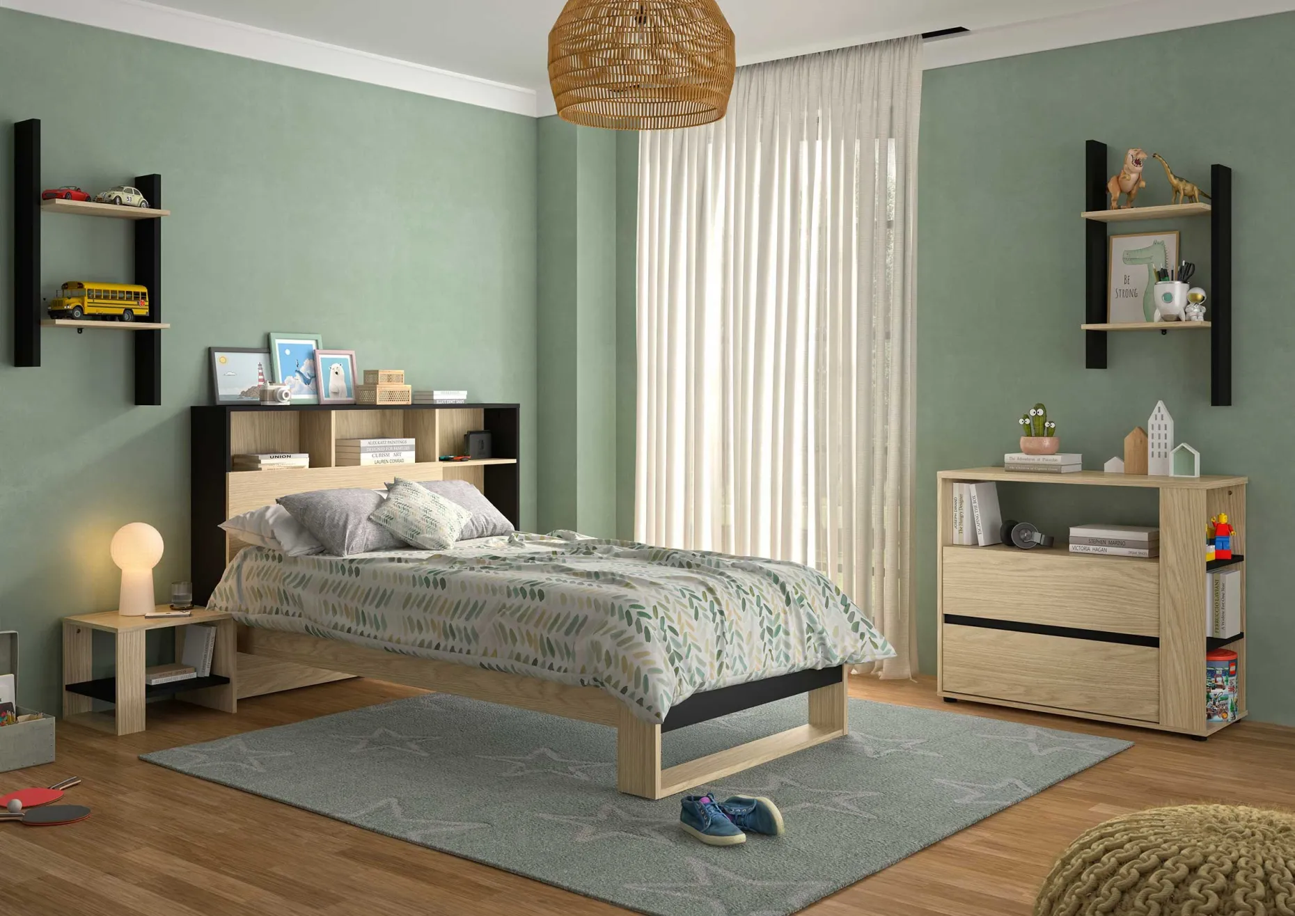 Einzelbett Nael - 90x190cm - Eiche Dekor/schwarz