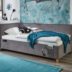 Einzelbett Ollie | Mit Rückenlehne | 120 x 200 cm | Design Grau