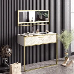 Emob Elegantes gemütliches Sideboard | 100% Melamin | Metallbeine | Marmormuster | Gold Weiß