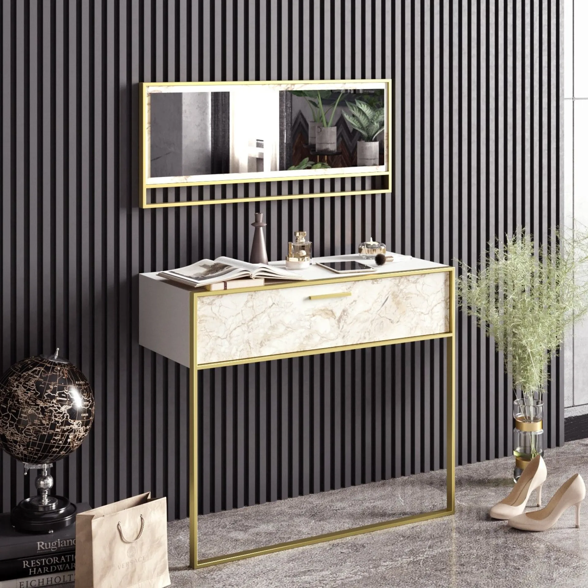 Emob Elegantes gemütliches Sideboard | 100% Melamin | Metallbeine | Marmormuster | Gold Weiß