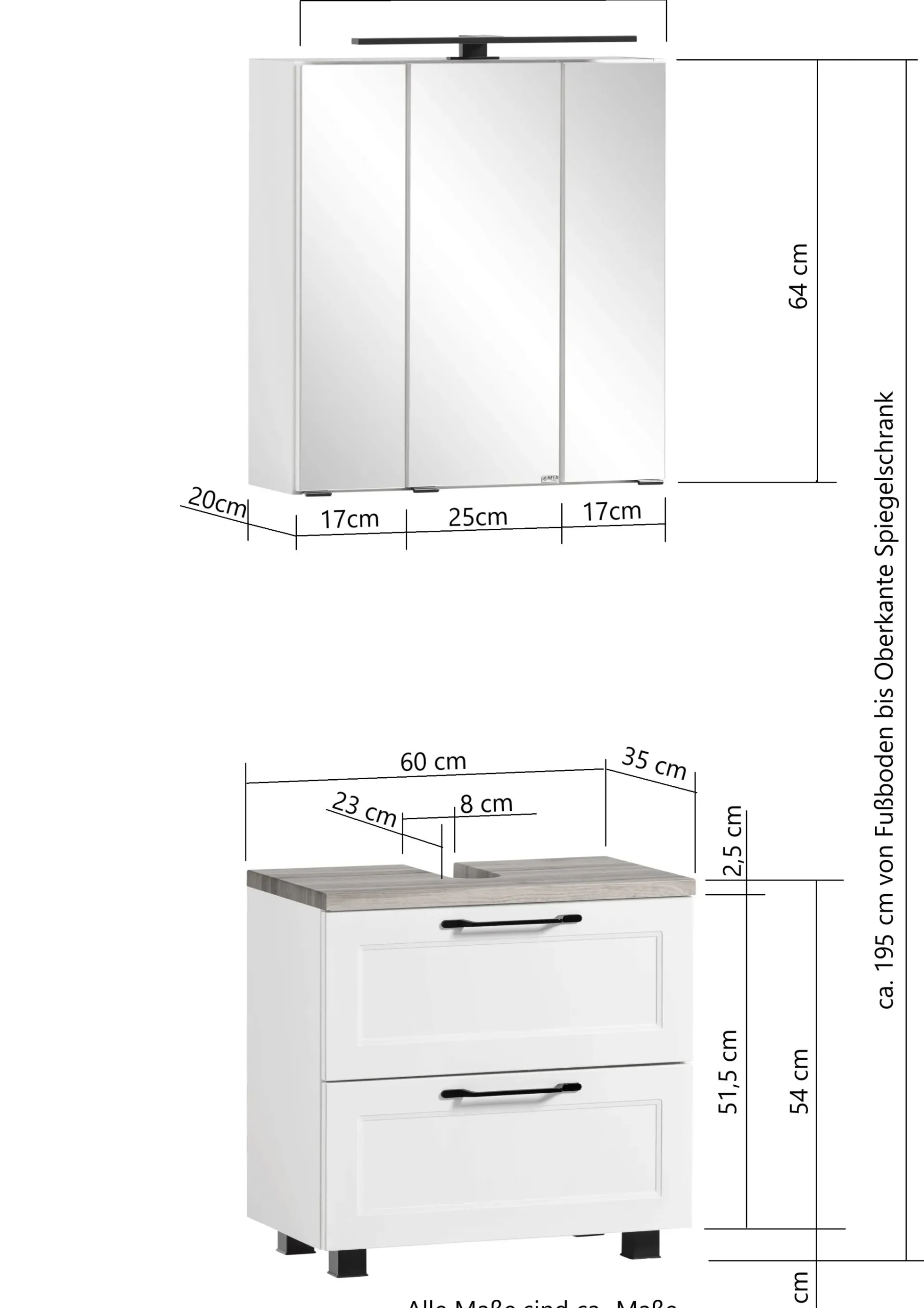Held Ensemble de salle de bain Meran | Meuble lavabo, armoire de toilette avec éclairage | Blanc