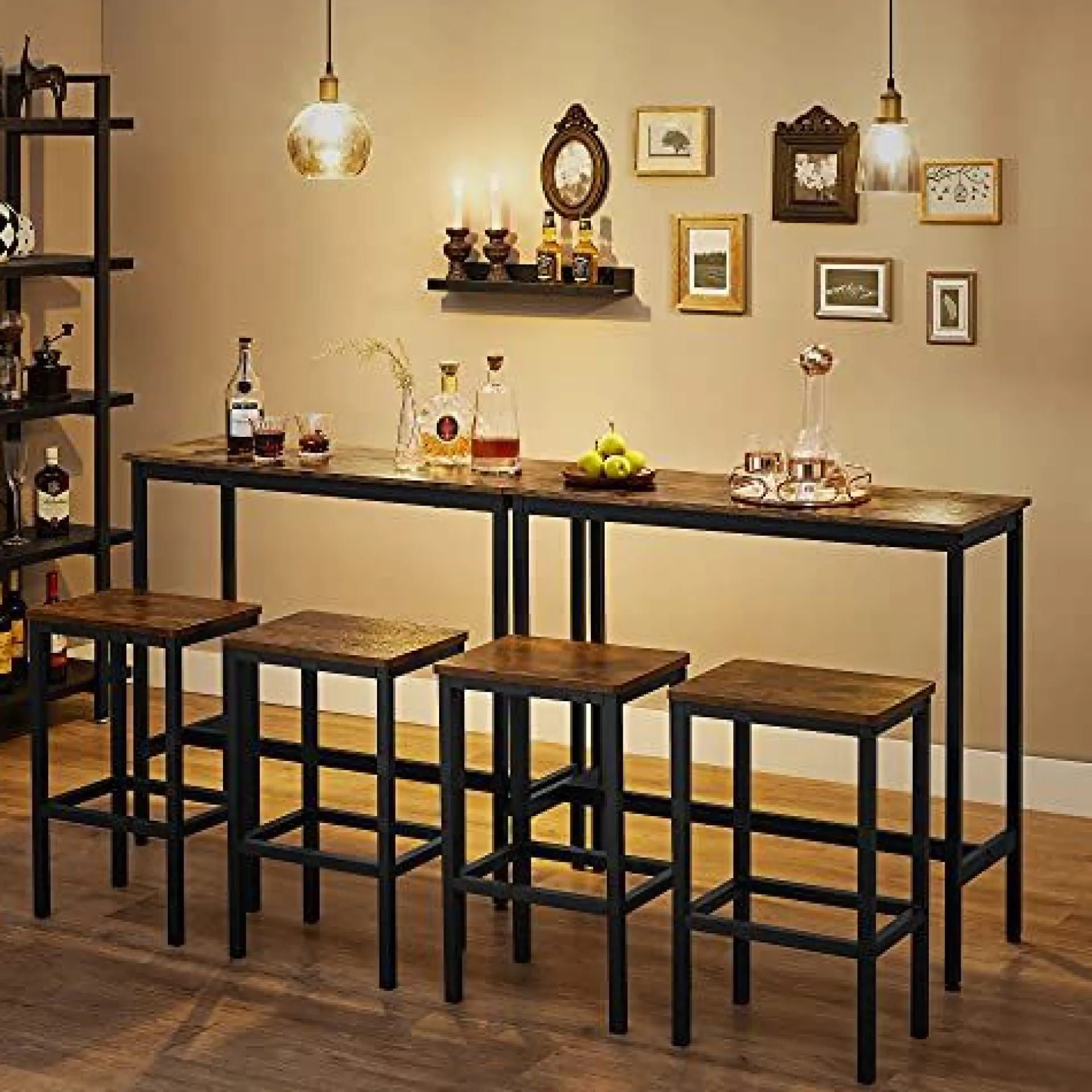 Vasagle Ess-/Bartisch-Set mit Hockern, industrielles Stahlgestell, rustikales Braun/Schwarz