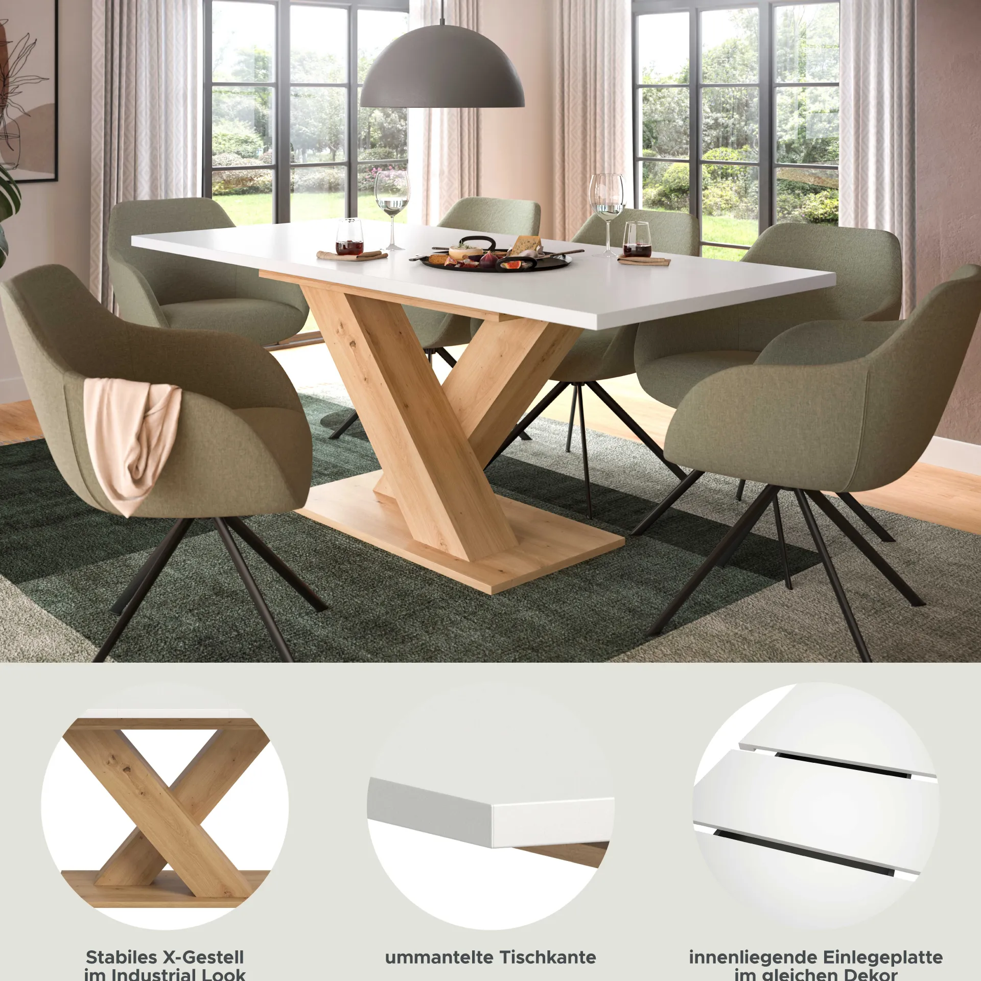 Xonox Esstisch Motion Emob – weiß/Artisan – 150-190x76x90 cm