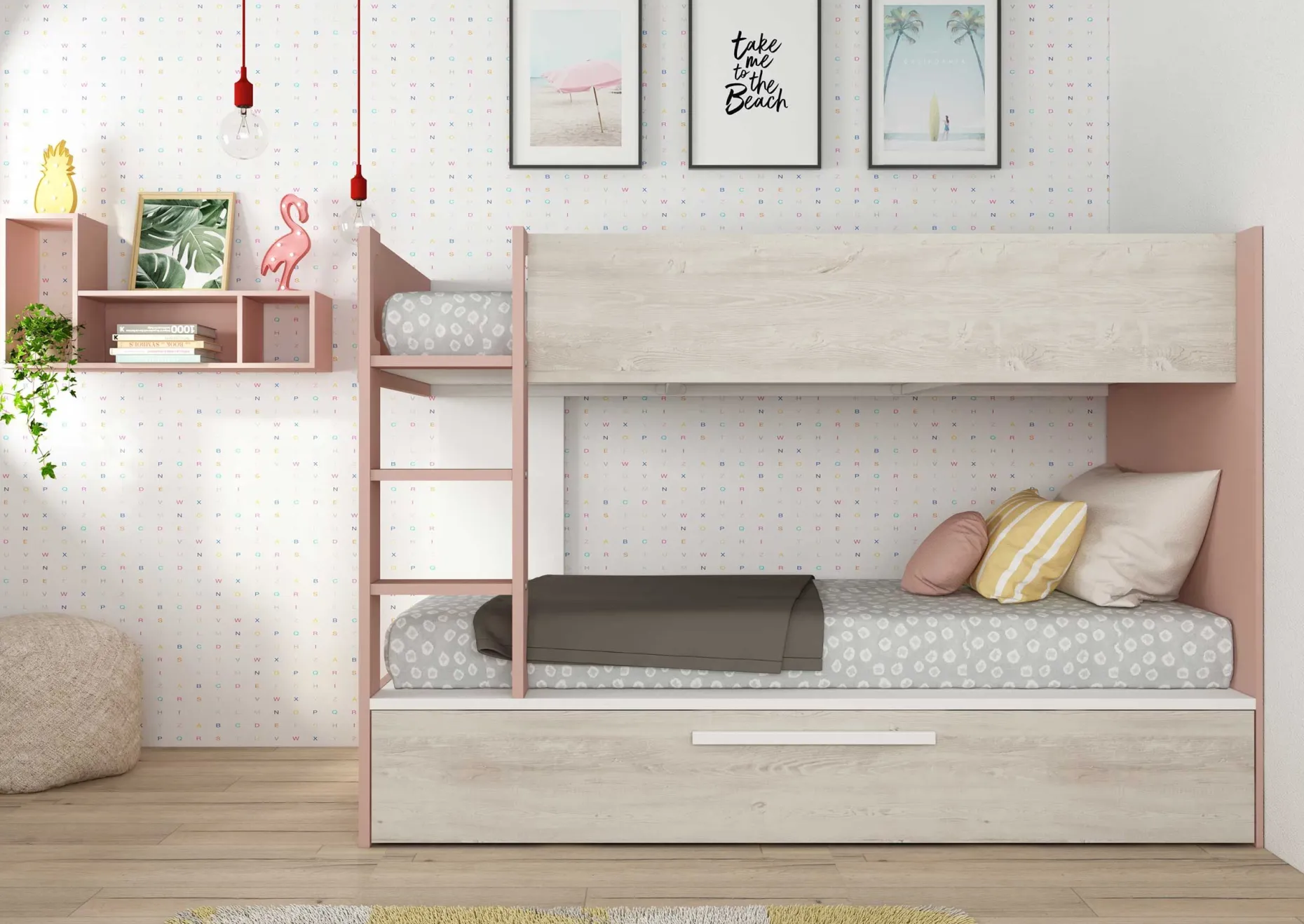 Etagenbett Cassie 90x200 mit Bettkasten - altrosa