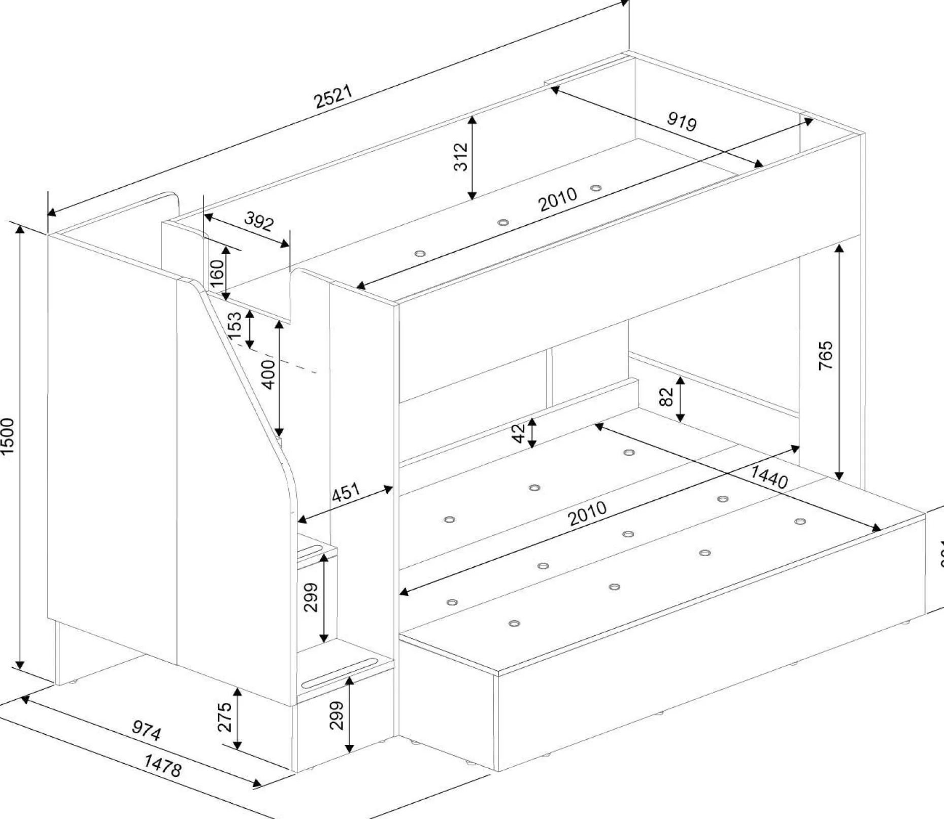 Etagenbett Easy für 3 Personen - 90x200cm und 140x200cm - Goldene Eiche Dekor/Weiß