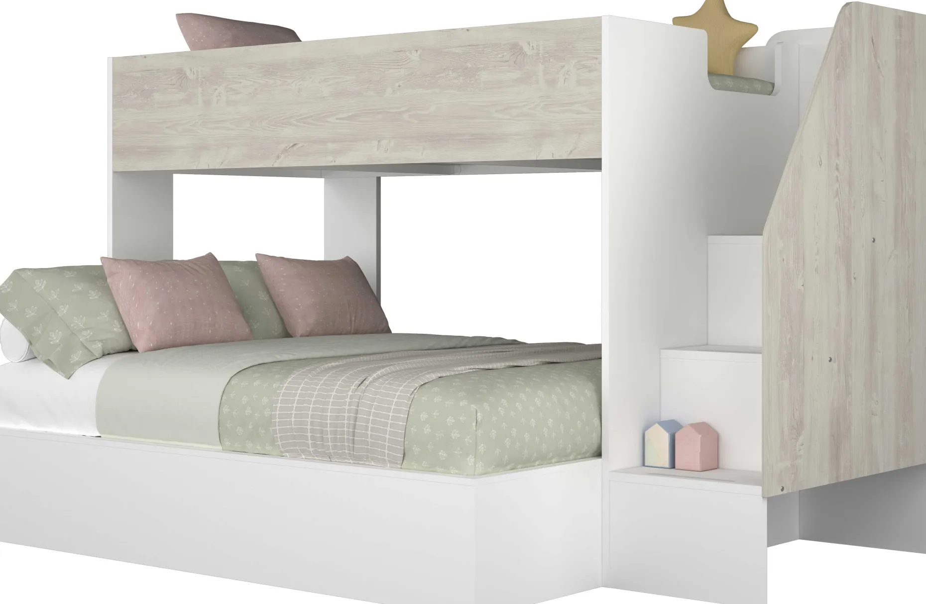 Etagenbett Easy für 3 Personen - 90x200cm und 140x200cm - cascina Eiche Dekor/Weiß