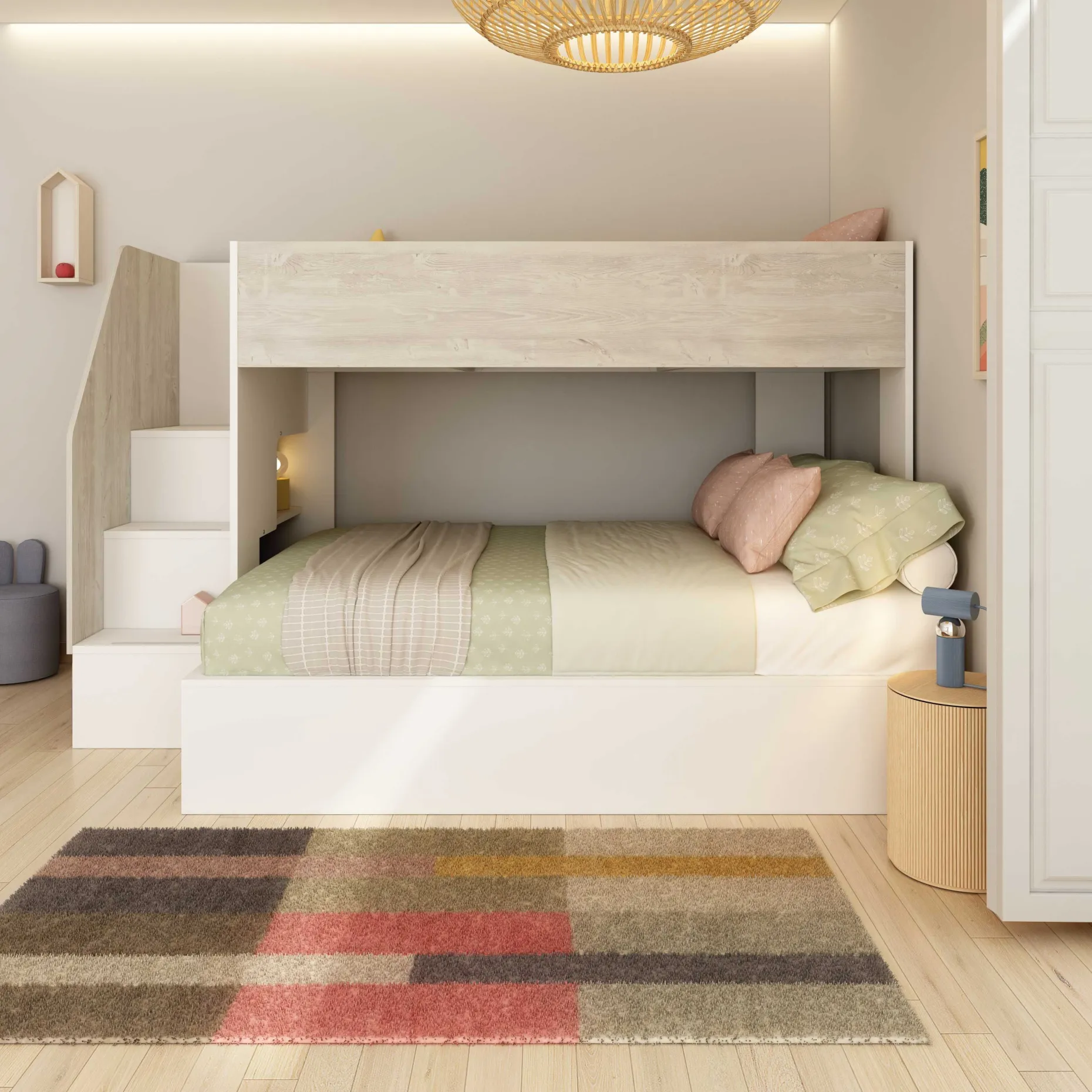 Etagenbett Easy für 3 Personen - 90x200cm und 140x200cm - cascina Eiche Dekor/Weiß