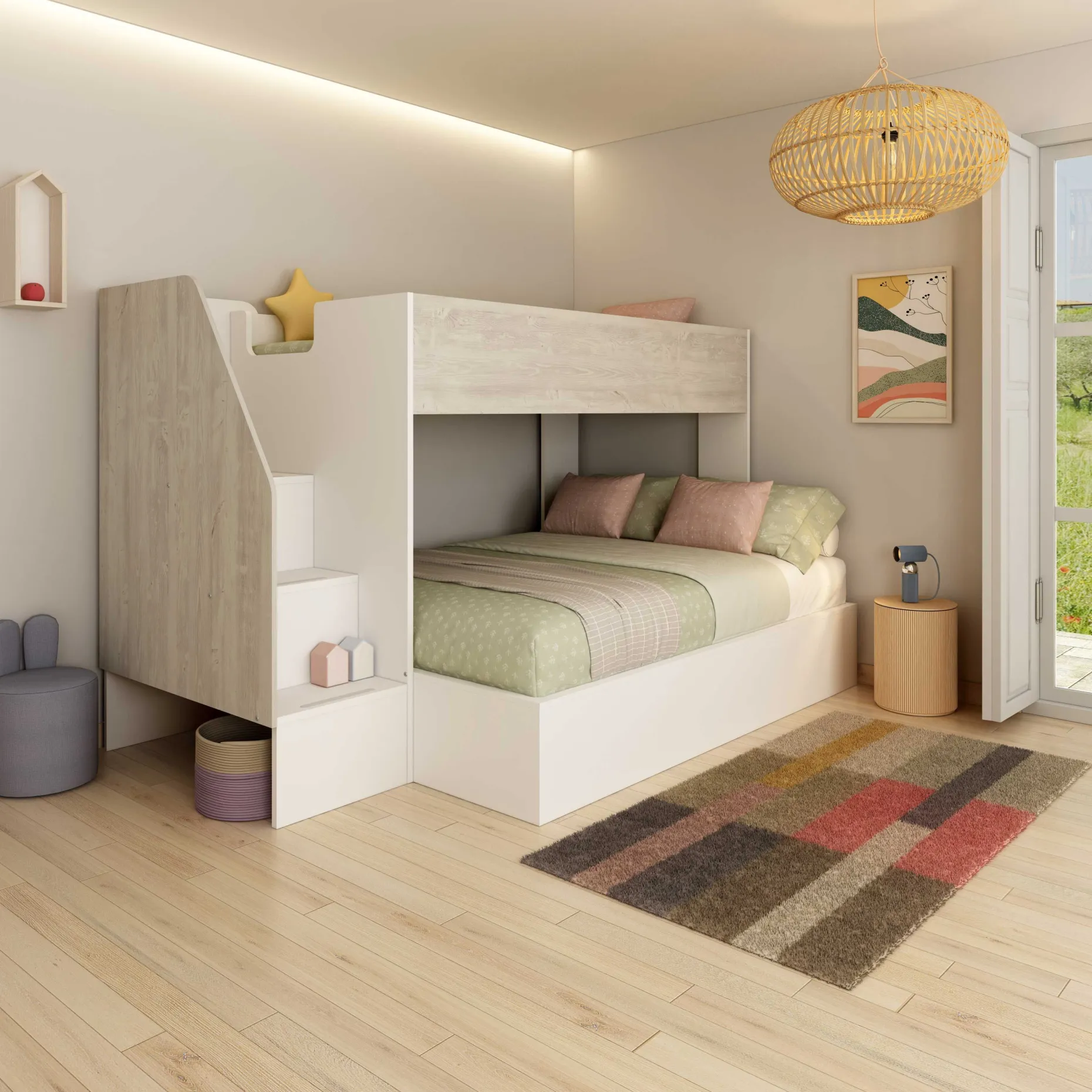 Etagenbett Easy für 3 Personen - 90x200cm und 140x200cm - cascina Eiche Dekor/Weiß