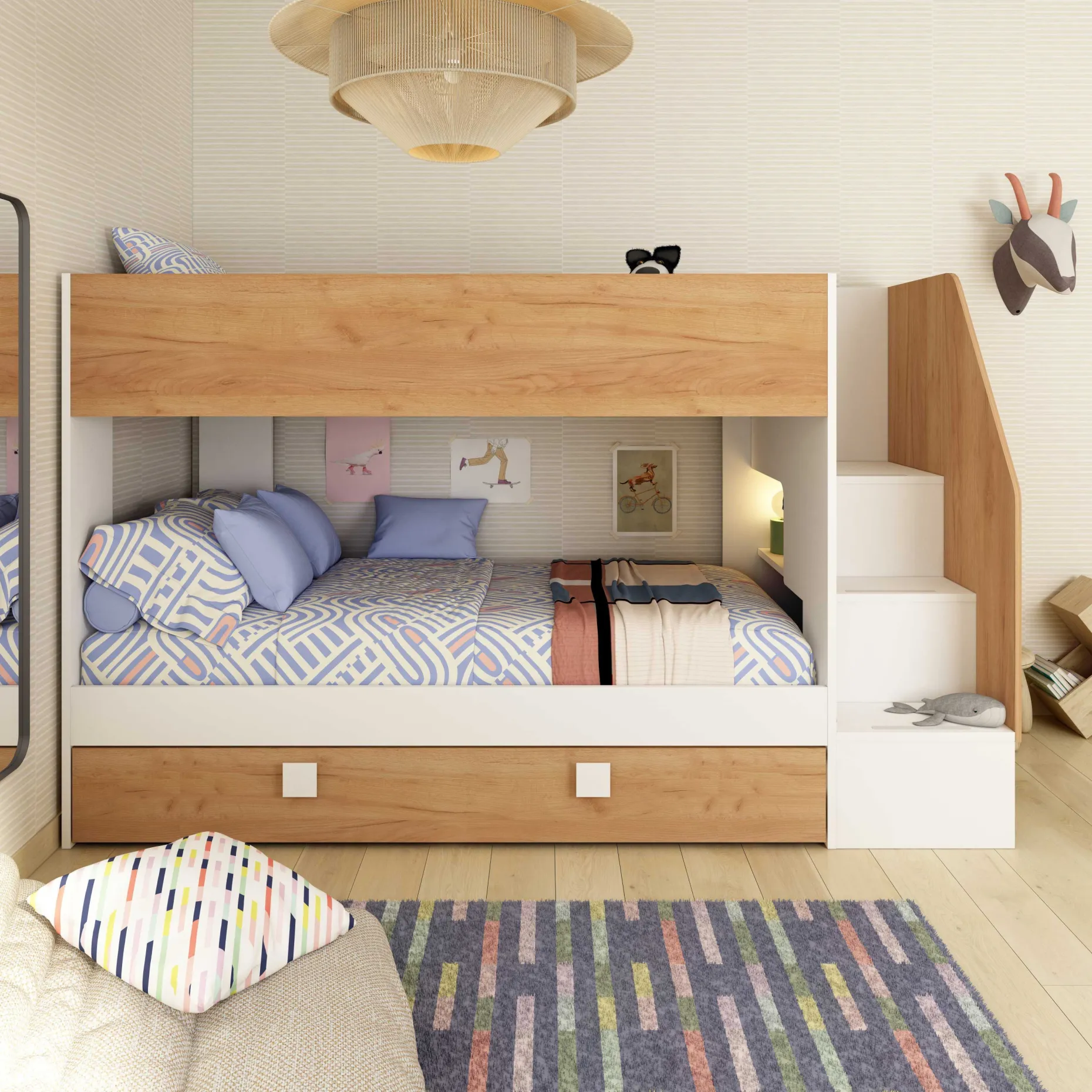 Etagenbett Easy - 90x200cm - mit Bettkasten - Goldene Eiche/Weiß