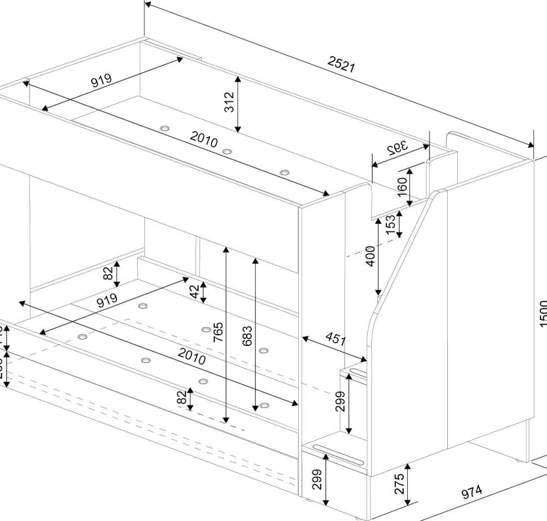 Etagenbett Easy - 90x200cm - mit Bettkasten - Goldene Eiche/Weiß