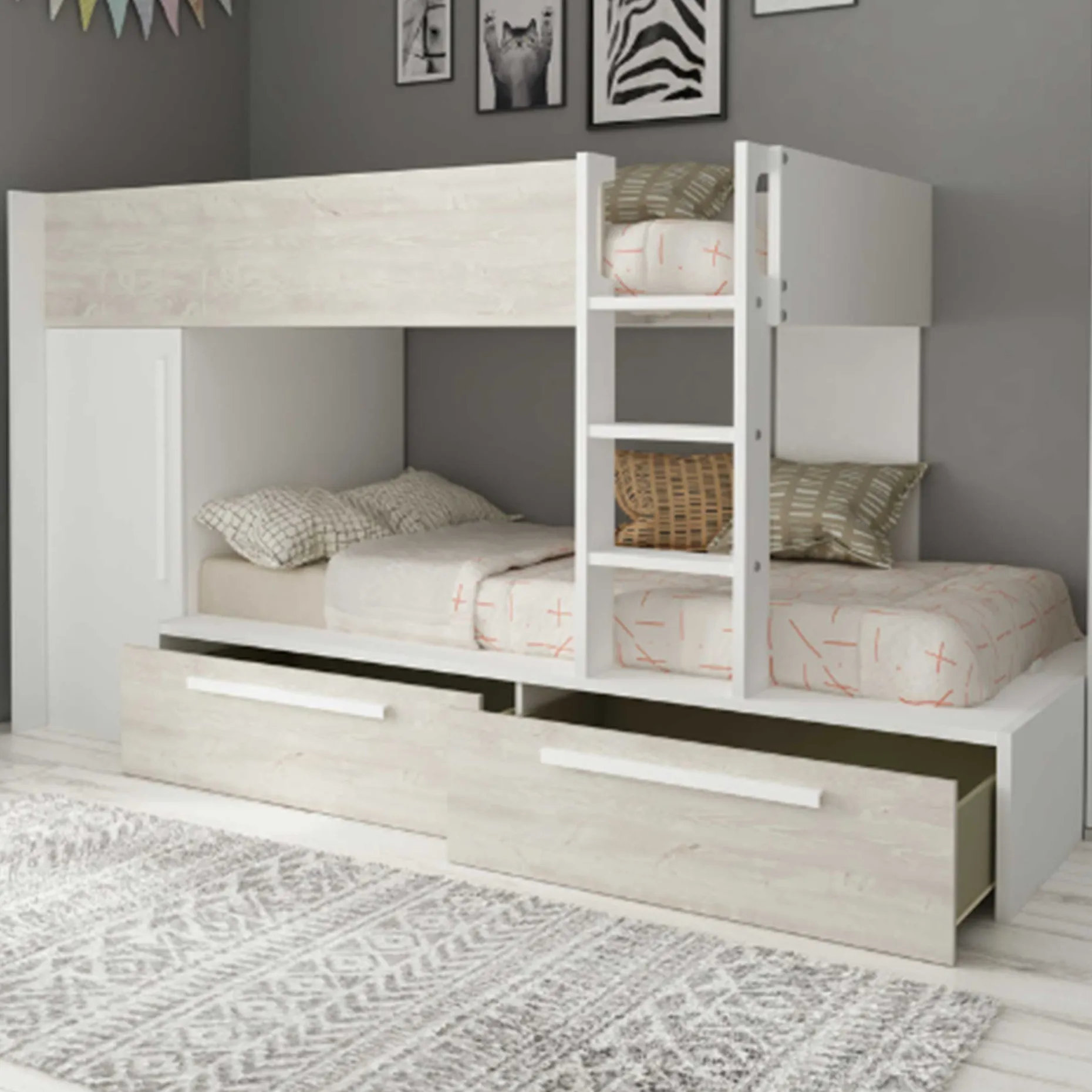 Etagenbett Fleur mit Kleiderschrank und Schubladen - weiß