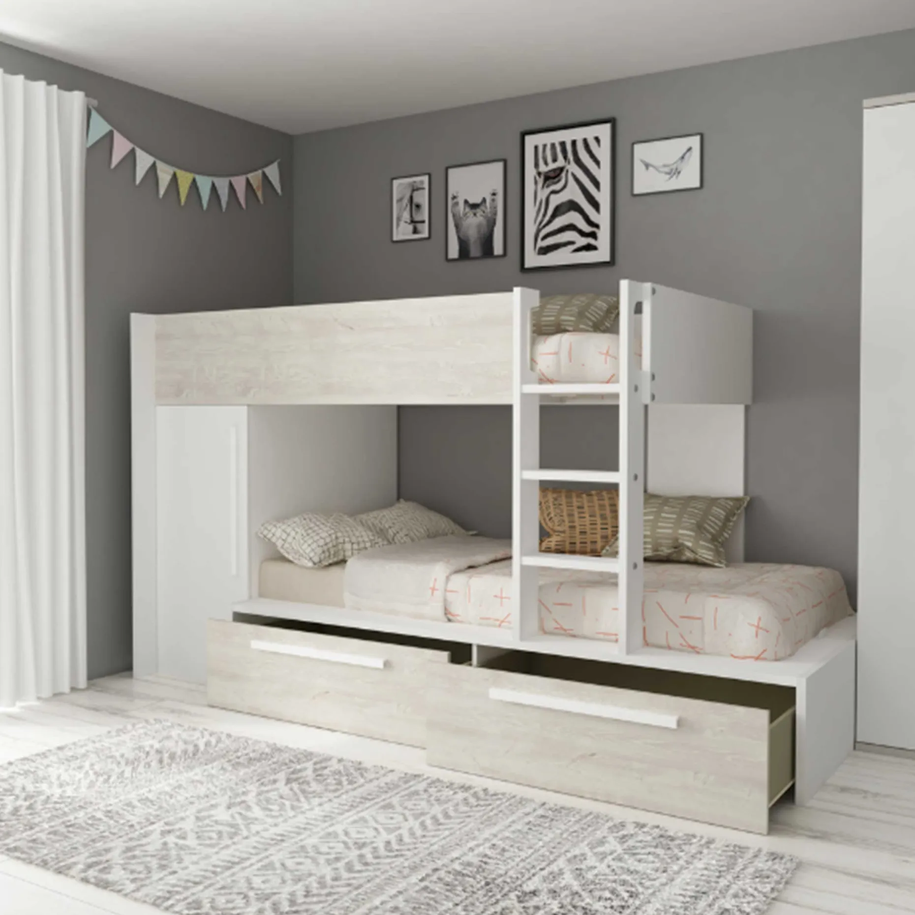 Etagenbett Fleur mit Kleiderschrank und Schubladen - weiß