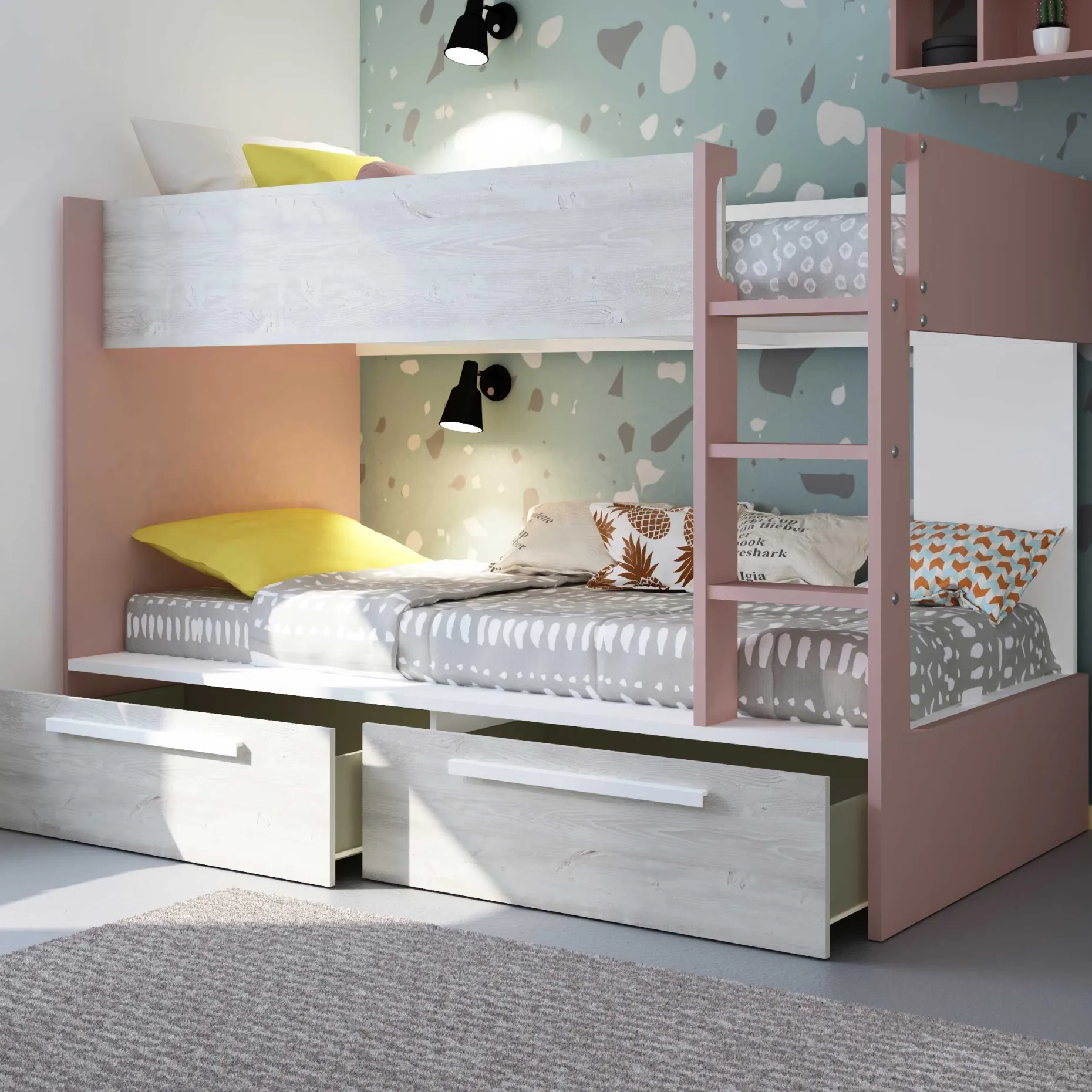Etagenbett Fleur mit Schubladen - altrosa