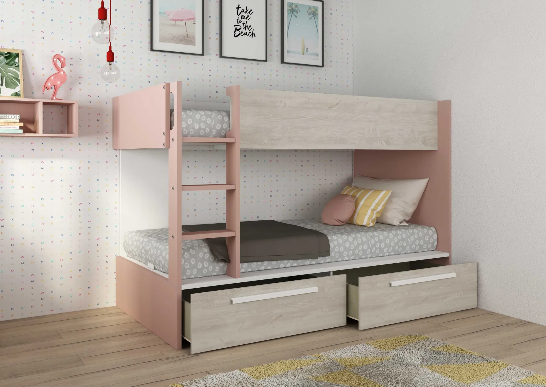 Etagenbett Fleur mit Schubladen - altrosa