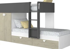 Etagenbett Jip mit Schrank & Schubladen - 90x190cm - Eiche/weiß/grau
