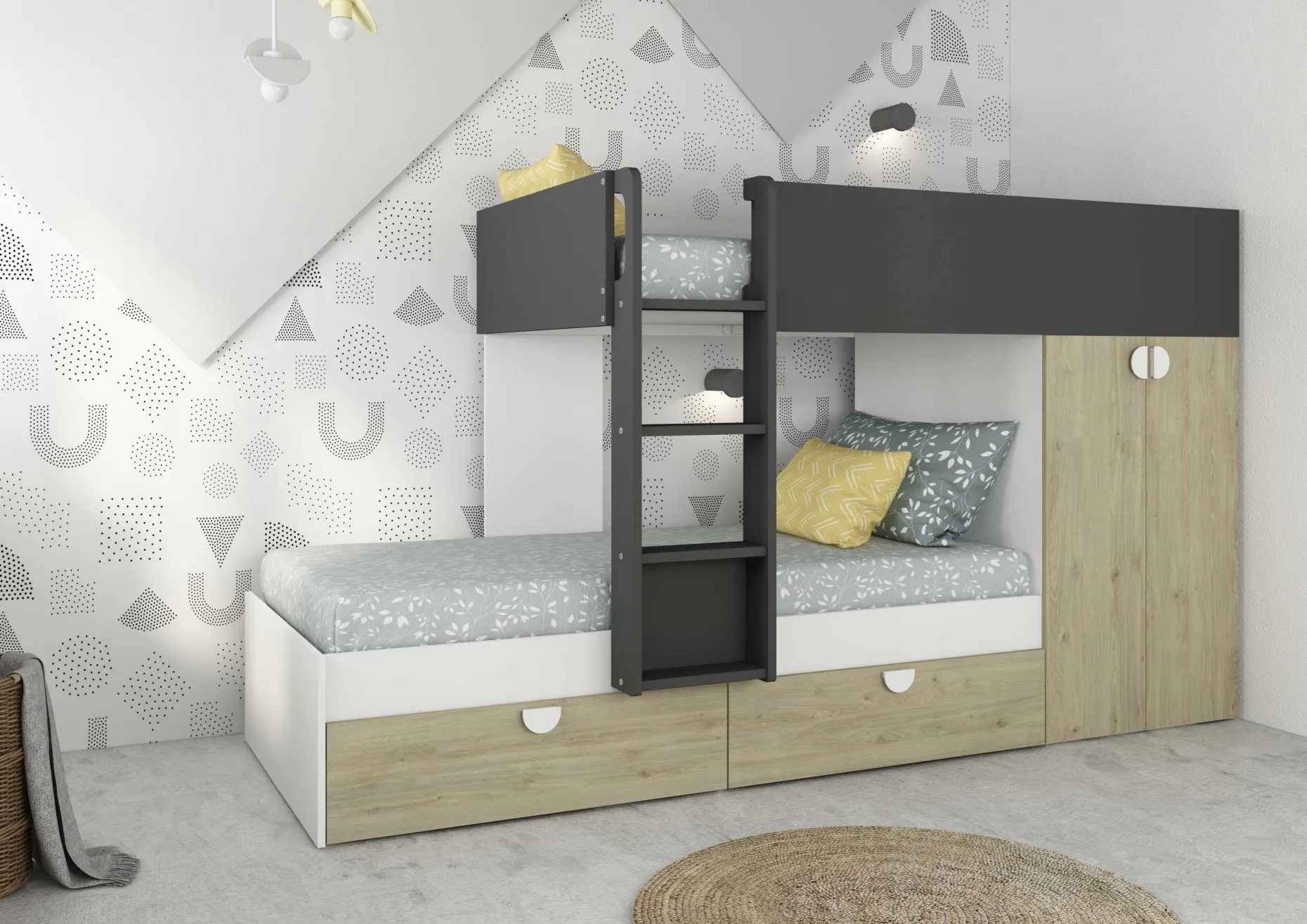 Etagenbett Jip mit Schrank & Schubladen - 90x190cm - Eiche/weiß/grau