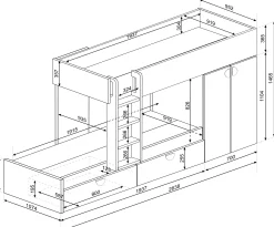Etagenbett Jip mit Schrank & Schubladen - 90x190cm - Eiche/weiß/grau