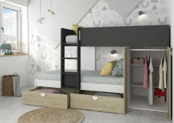 Etagenbett Jip mit Schrank & Schubladen - 90x190cm - Eiche/weiß/grau