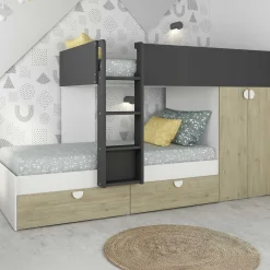 Etagenbett Jip mit Schrank & Schubladen - 90x190cm - Eiche/weiß/grau