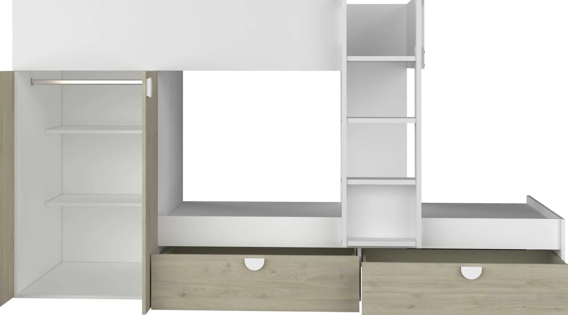 Etagenbett Jip mit Schrank & Schubladen - 90x190cm - Eiche/weiß/weiß