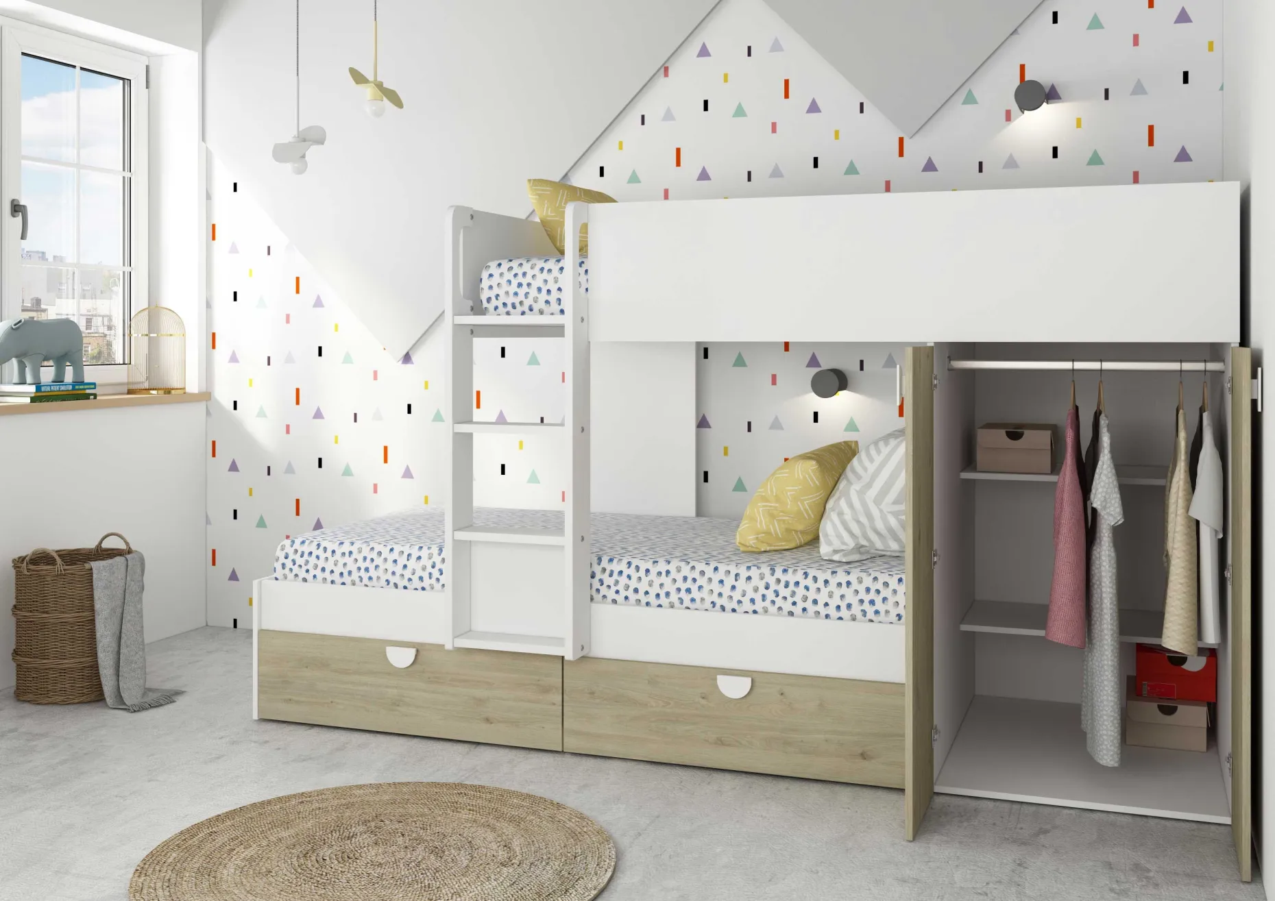 Etagenbett Jip mit Schrank & Schubladen - 90x190cm - Eiche/weiß/weiß