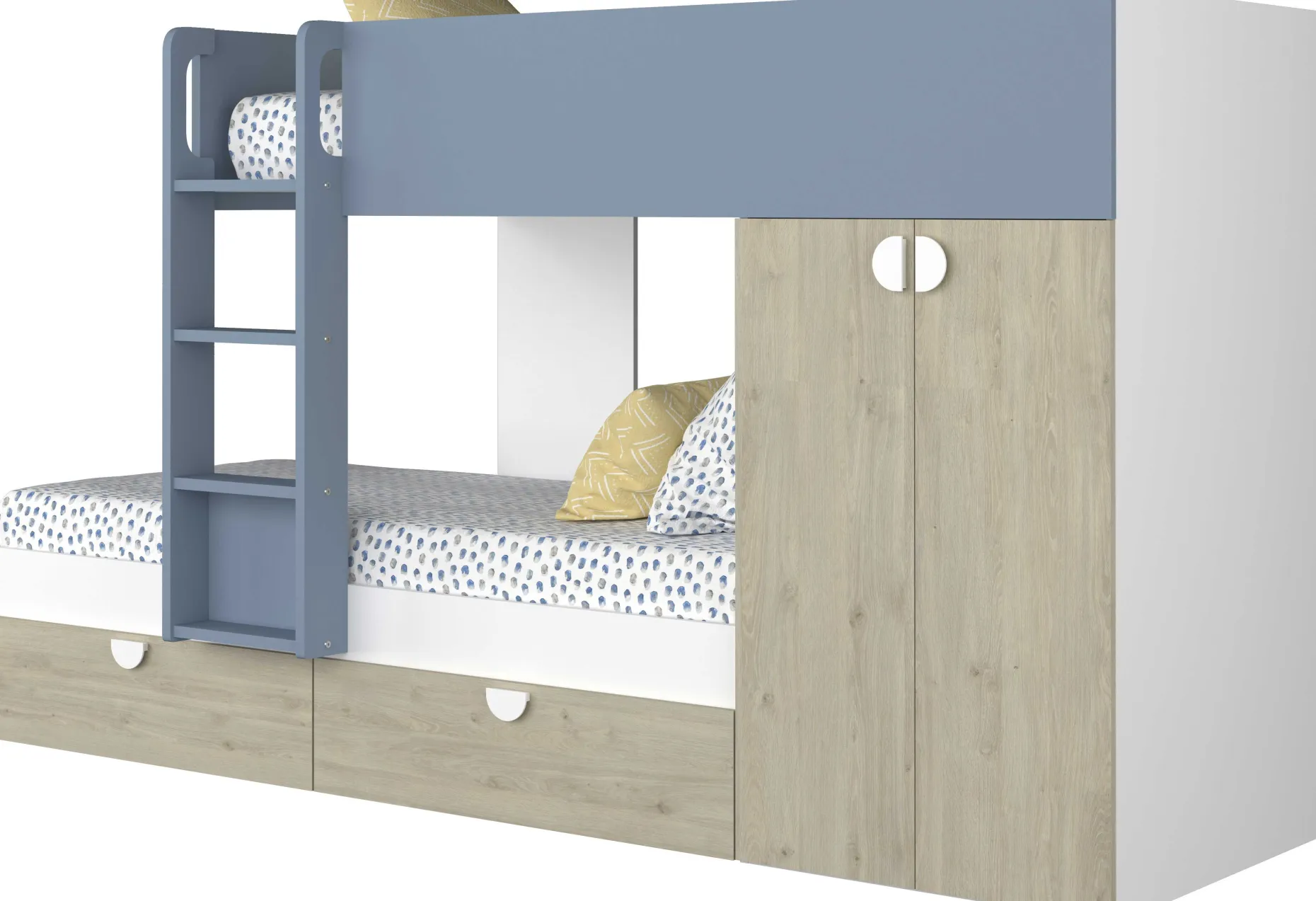 Etagenbett Jip mit Schrank & Schubladen - 90x190cm - Eiche/weiß/blau