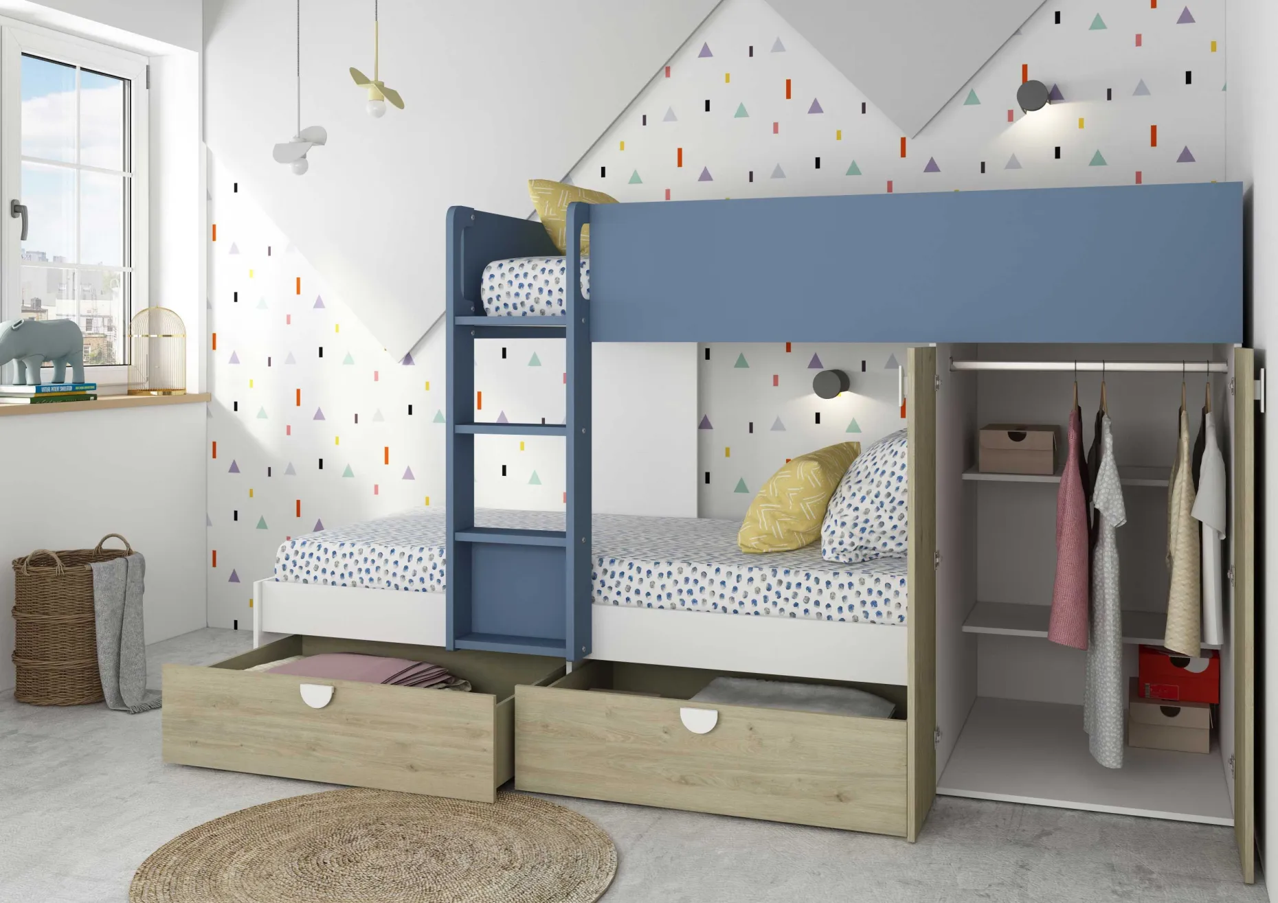 Etagenbett Jip mit Schrank & Schubladen - 90x190cm - Eiche/weiß/blau