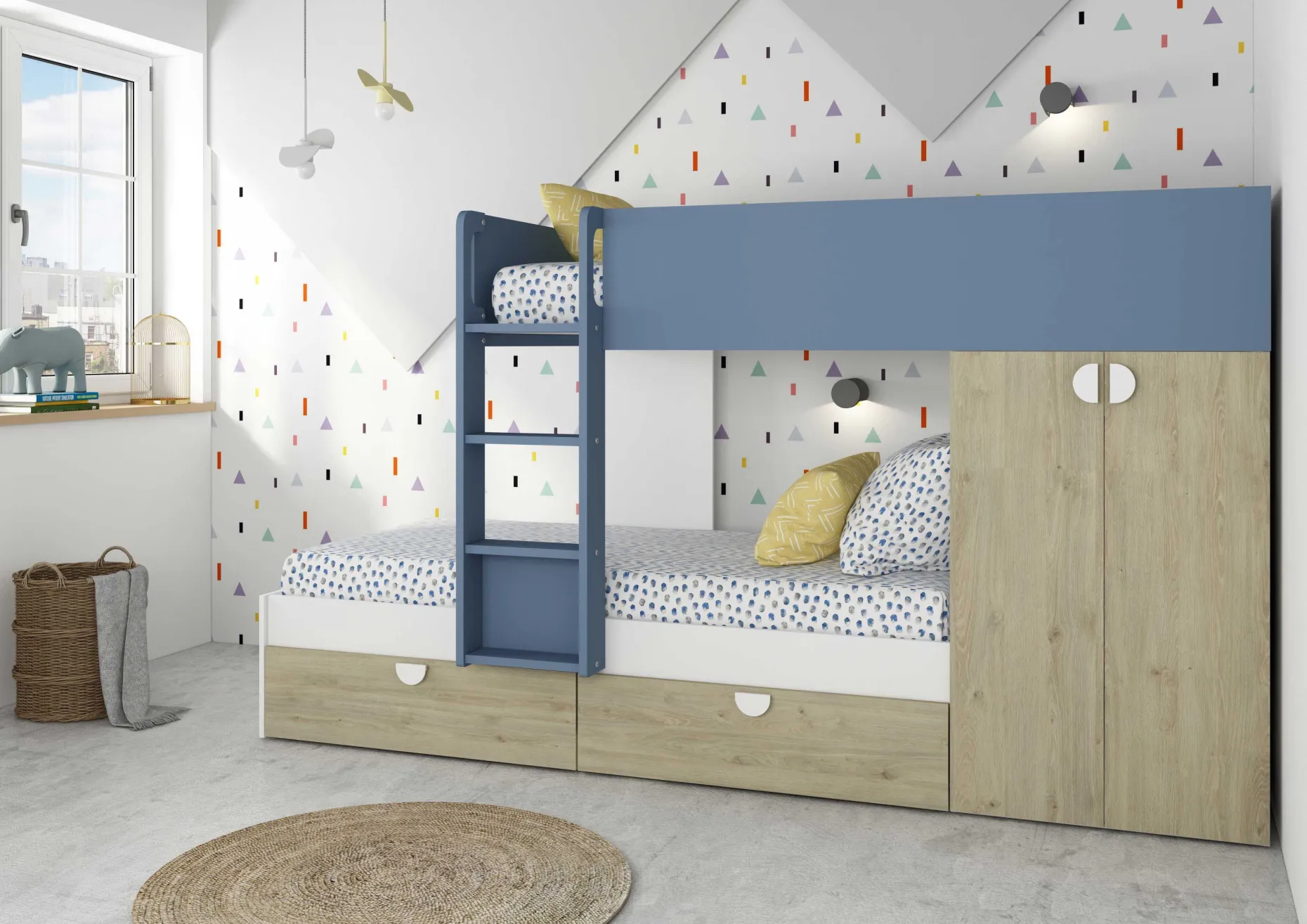 Etagenbett Jip mit Schrank & Schubladen - 90x190cm - Eiche/weiß/blau