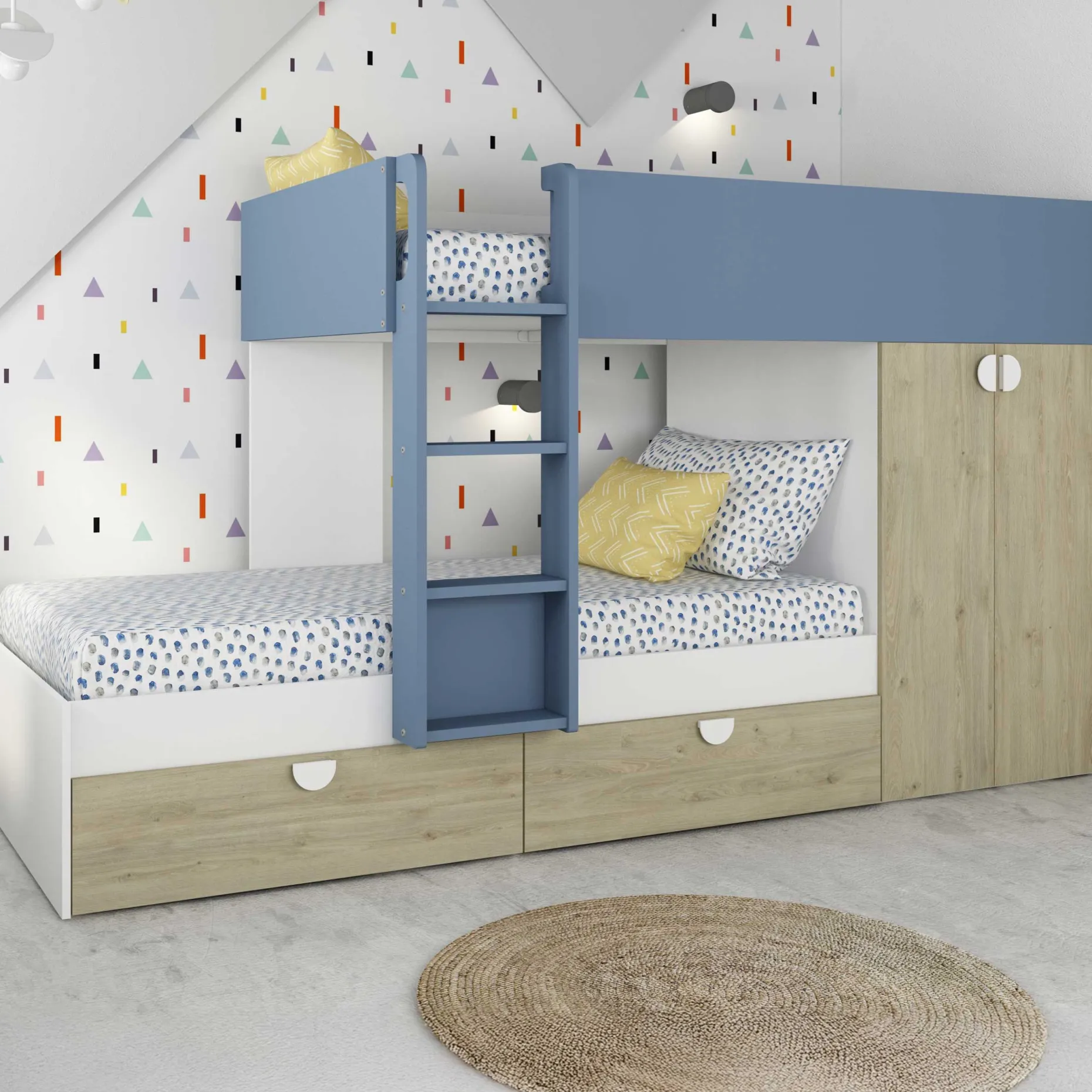 Etagenbett Jip mit Schrank & Schubladen - 90x190cm - Eiche/weiß/blau