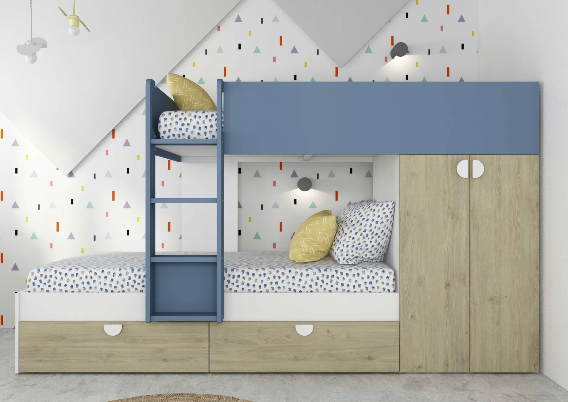 Etagenbett Jip mit Schrank & Schubladen - 90x190cm - Eiche/weiß/blau
