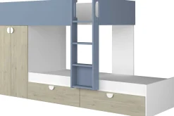 Etagenbett Jip mit Schrank & Schubladen - 90x190cm - Eiche/weiß/blau