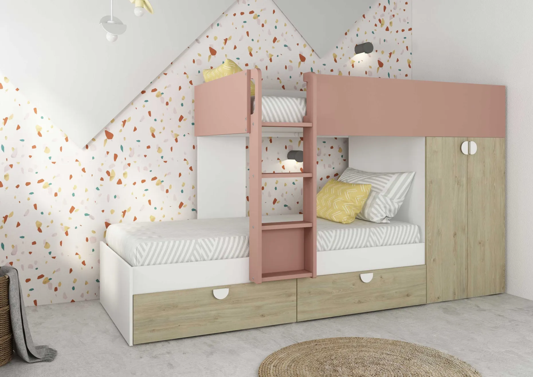 Etagenbett Jip mit Schrank & Schubladen - 90x190cm - Eiche/weiß/altrosa