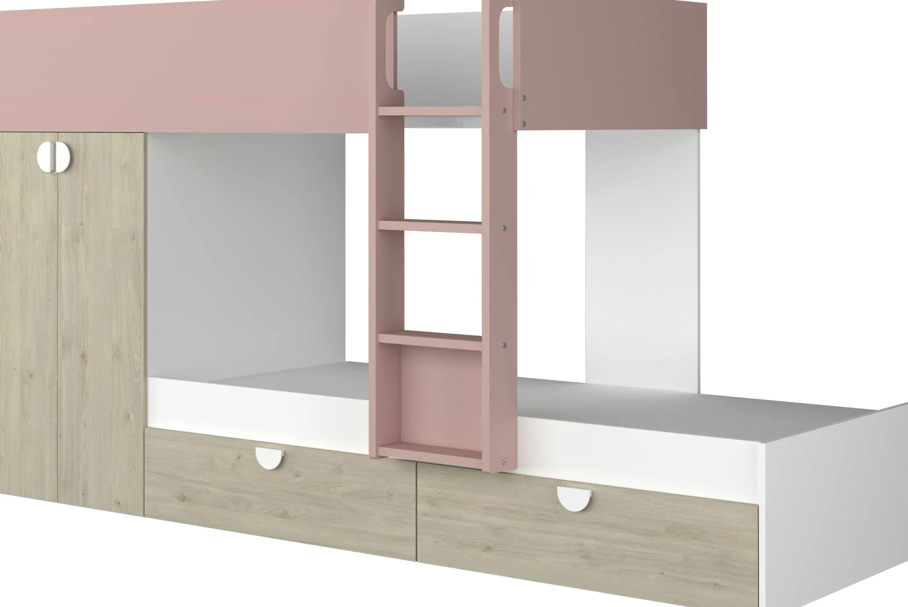 Etagenbett Jip mit Schrank & Schubladen - 90x190cm - Eiche/weiß/altrosa