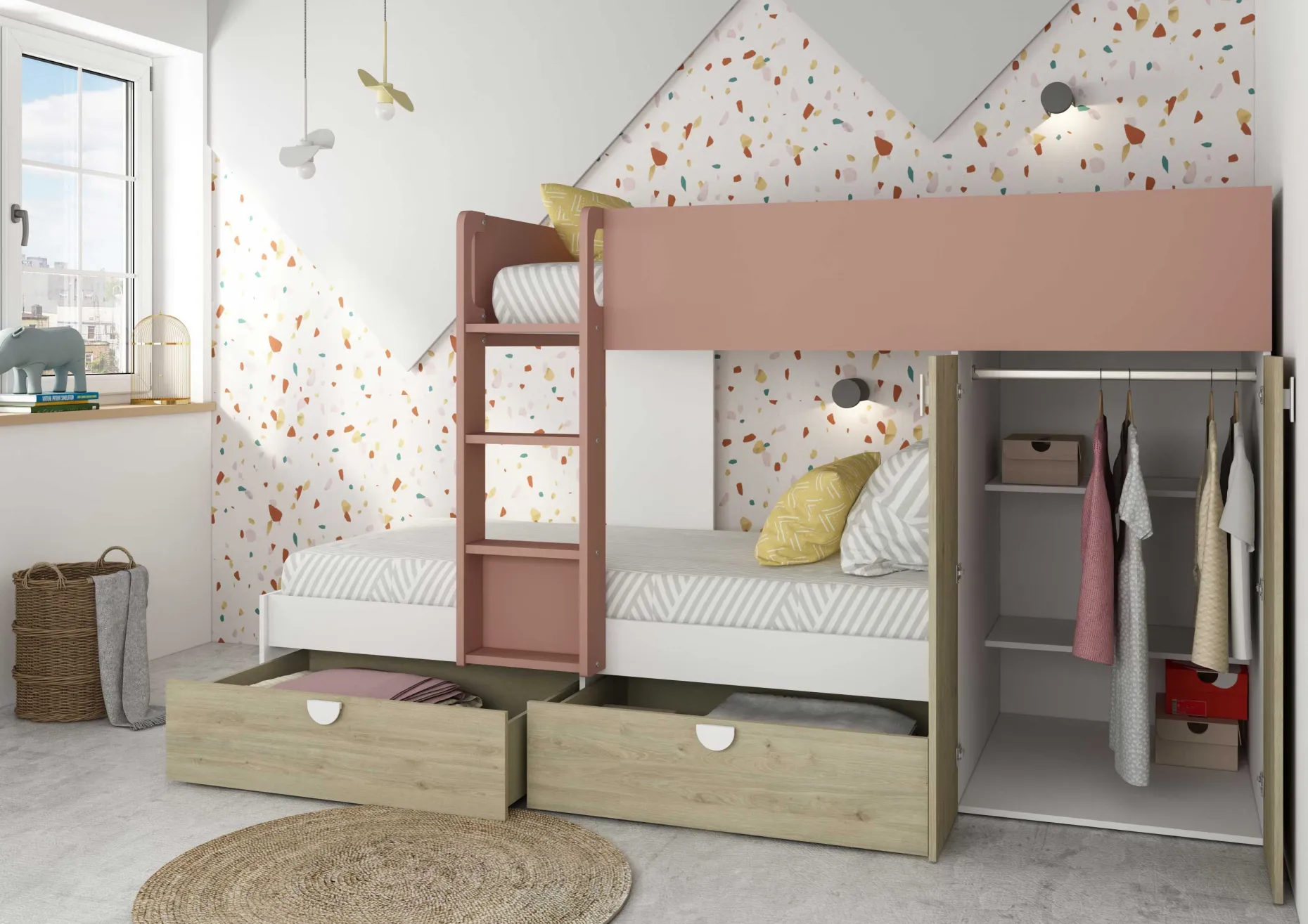Etagenbett Jip mit Schrank & Schubladen - 90x190cm - Eiche/weiß/altrosa