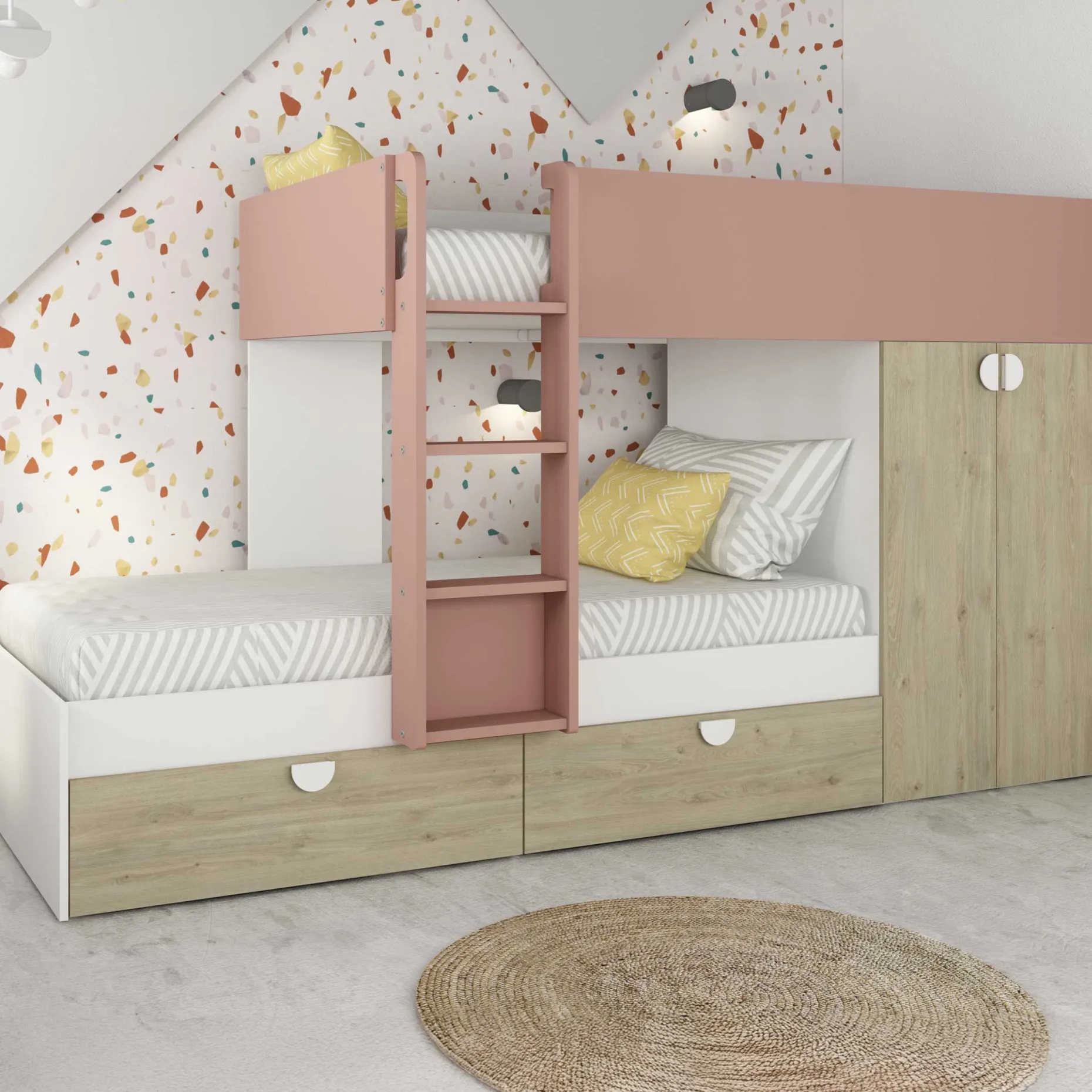 Etagenbett Jip mit Schrank & Schubladen - 90x190cm - Eiche/weiß/altrosa