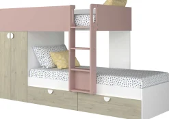 Etagenbett Jip mit Schrank & Schubladen - 90x190cm - Eiche/weiß/altrosa