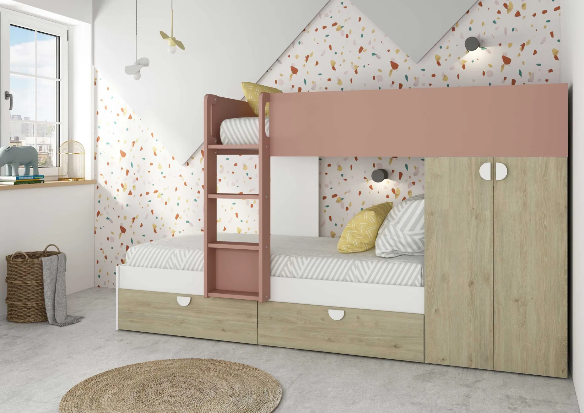 Etagenbett Jip mit Schrank & Schubladen - 90x190cm - Eiche/weiß/altrosa