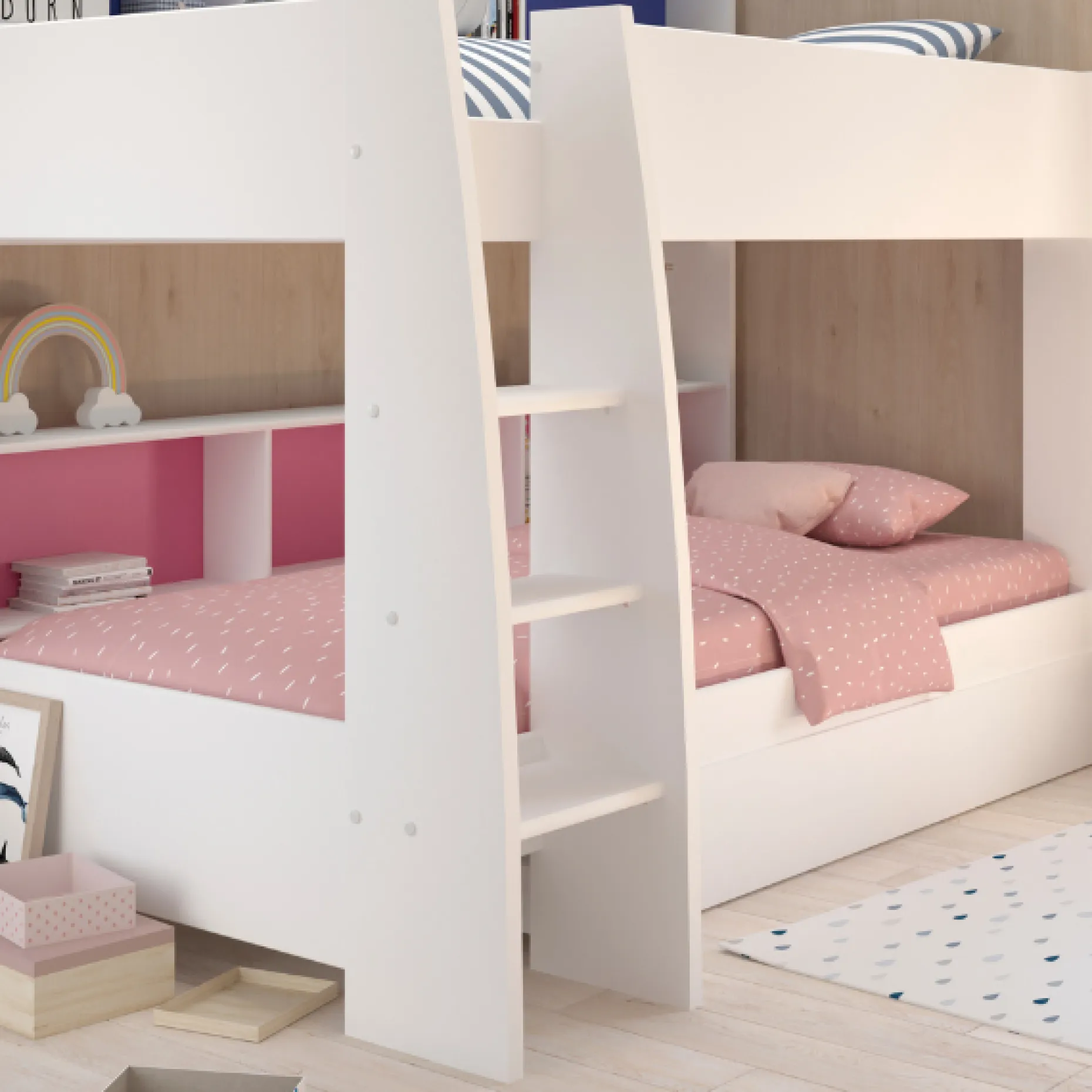 Etagenbett Leo 90x200cm mit Bettkasten - weiß/blau/rosa