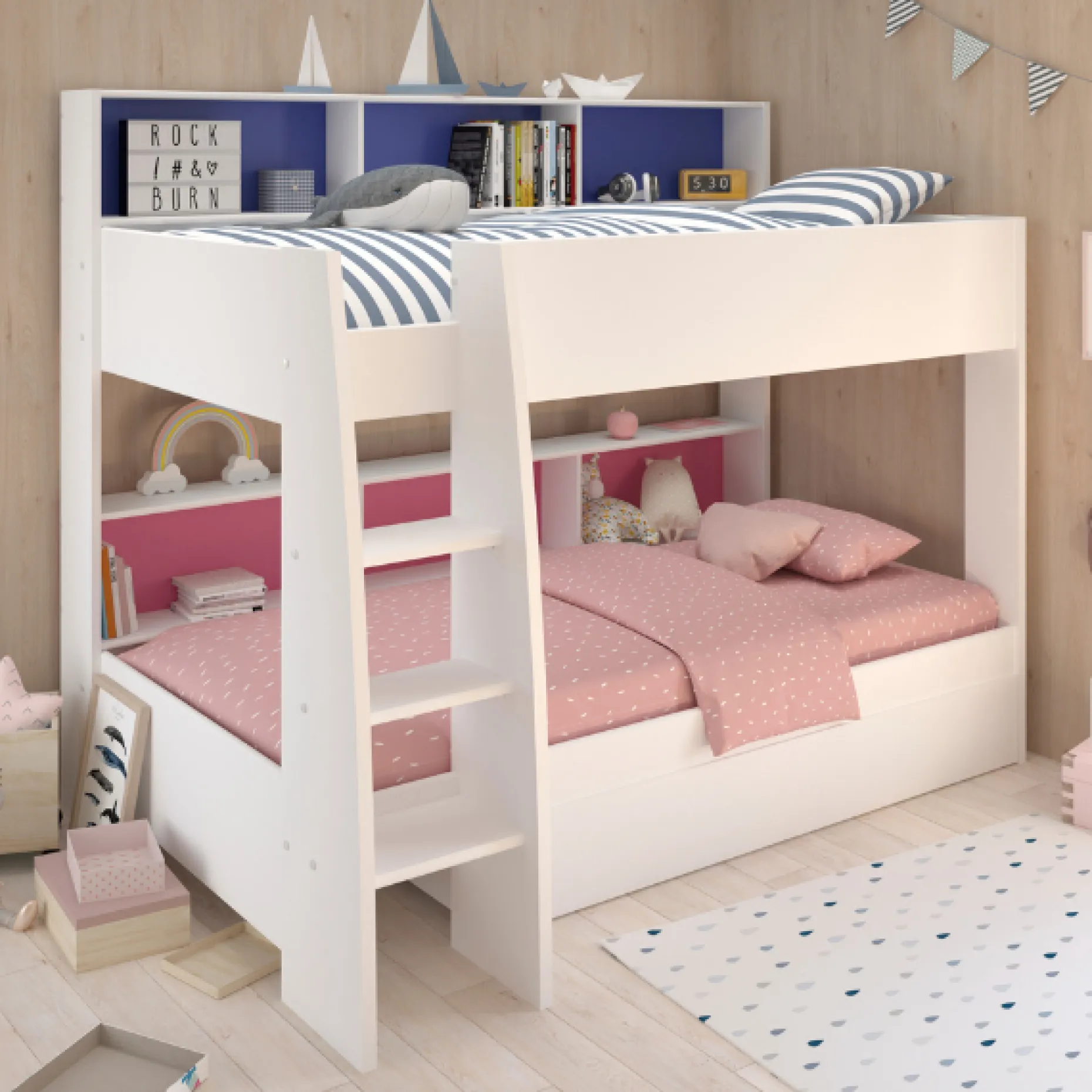 Etagenbett Leo 90x200cm mit Bettkasten - weiß/blau/rosa