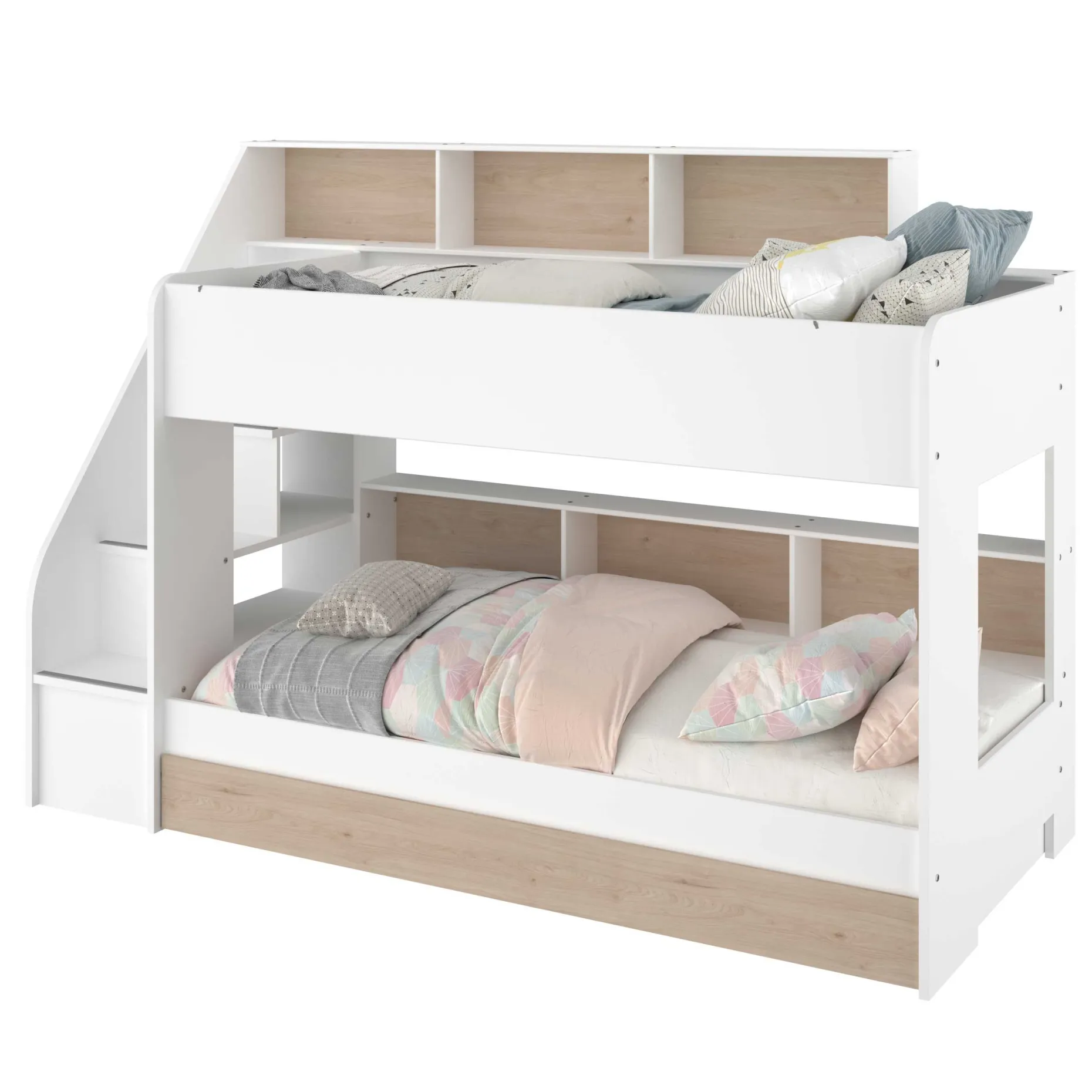 Etagenbett Lester 90x200 mit Stauraum - weiß/Eiche