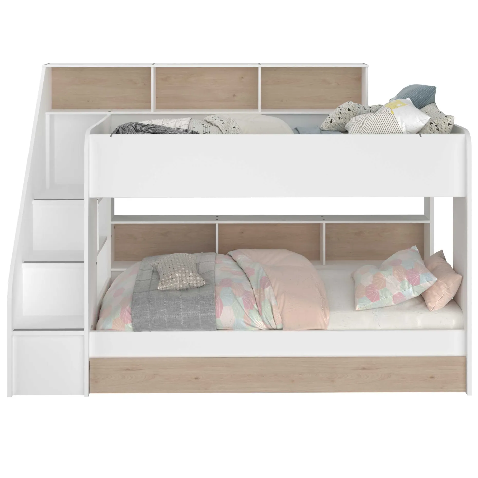 Etagenbett Lester 90x200 mit Stauraum - weiß/Eiche