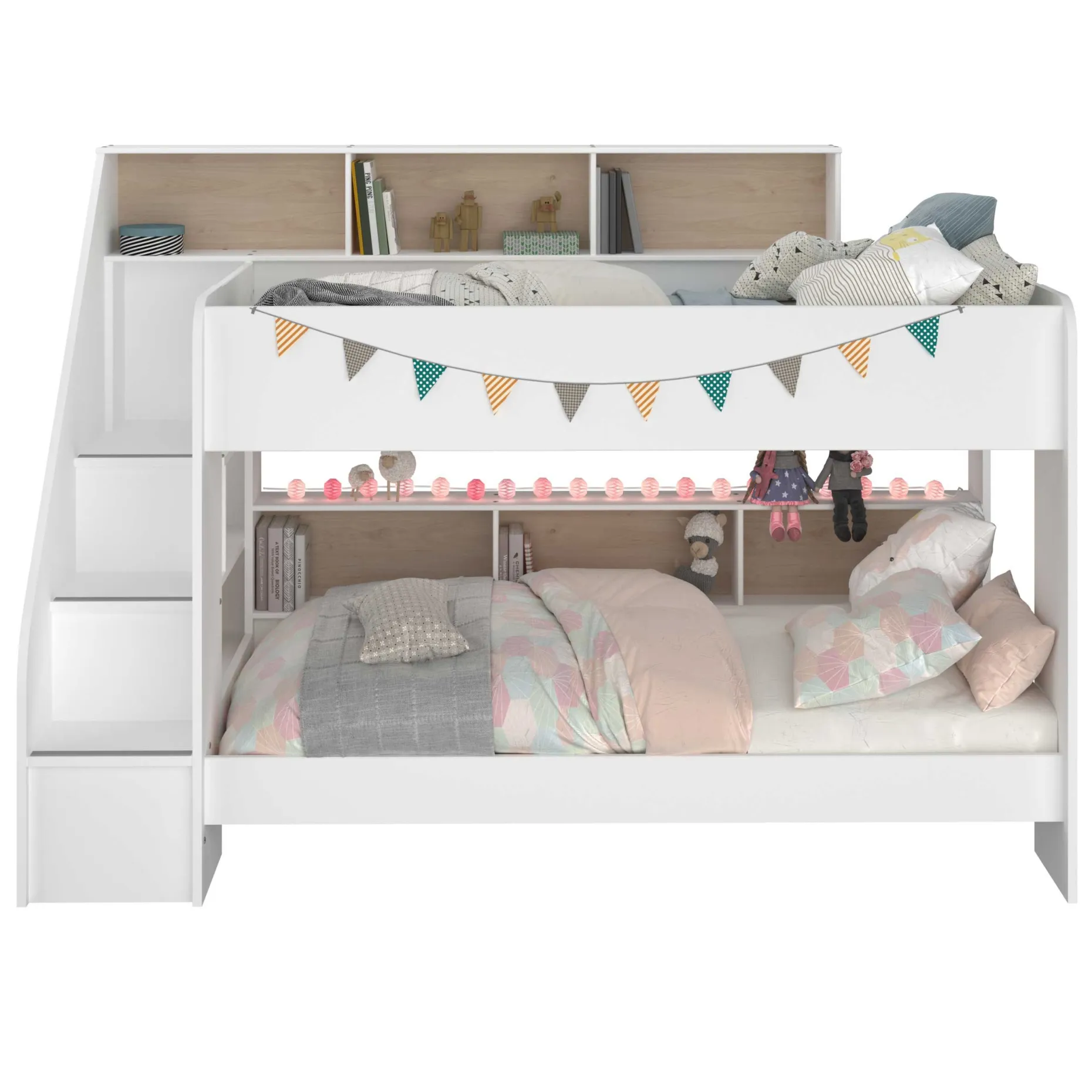 Etagenbett Lester 90x200 mit Stauraum - weiß/Eiche