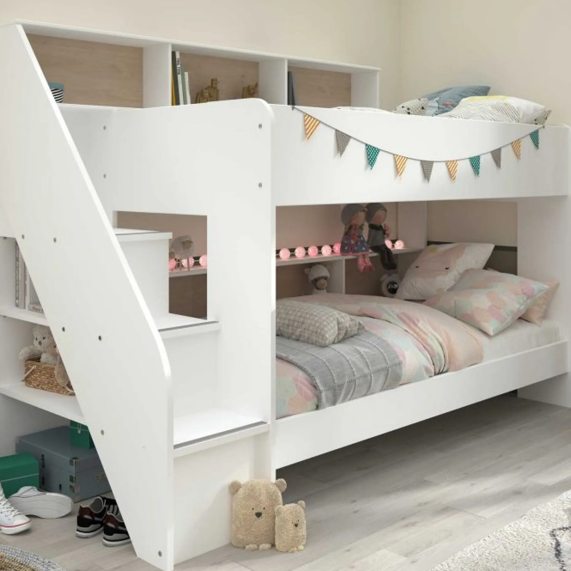 Etagenbett Lester 90x200 mit Stauraum - weiß/Eiche