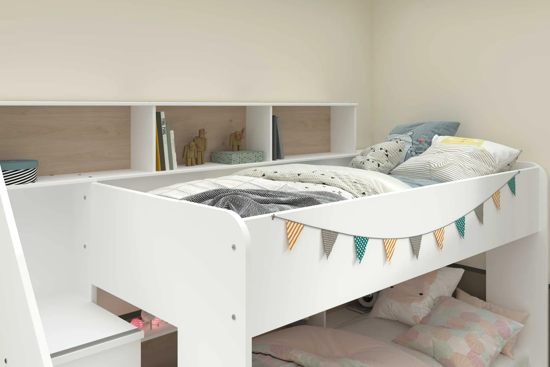Etagenbett Lester 90x200 mit Stauraum - weiß/Eiche