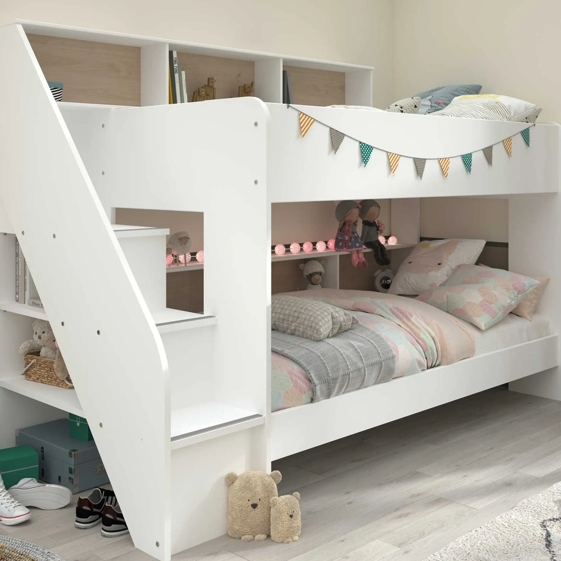 Etagenbett Lester 90x200 mit Stauraum - weiß/Eiche