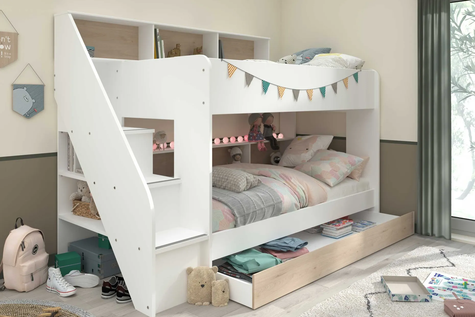 Etagenbett Lester 90x200 mit Stauraum - weiß/Eiche