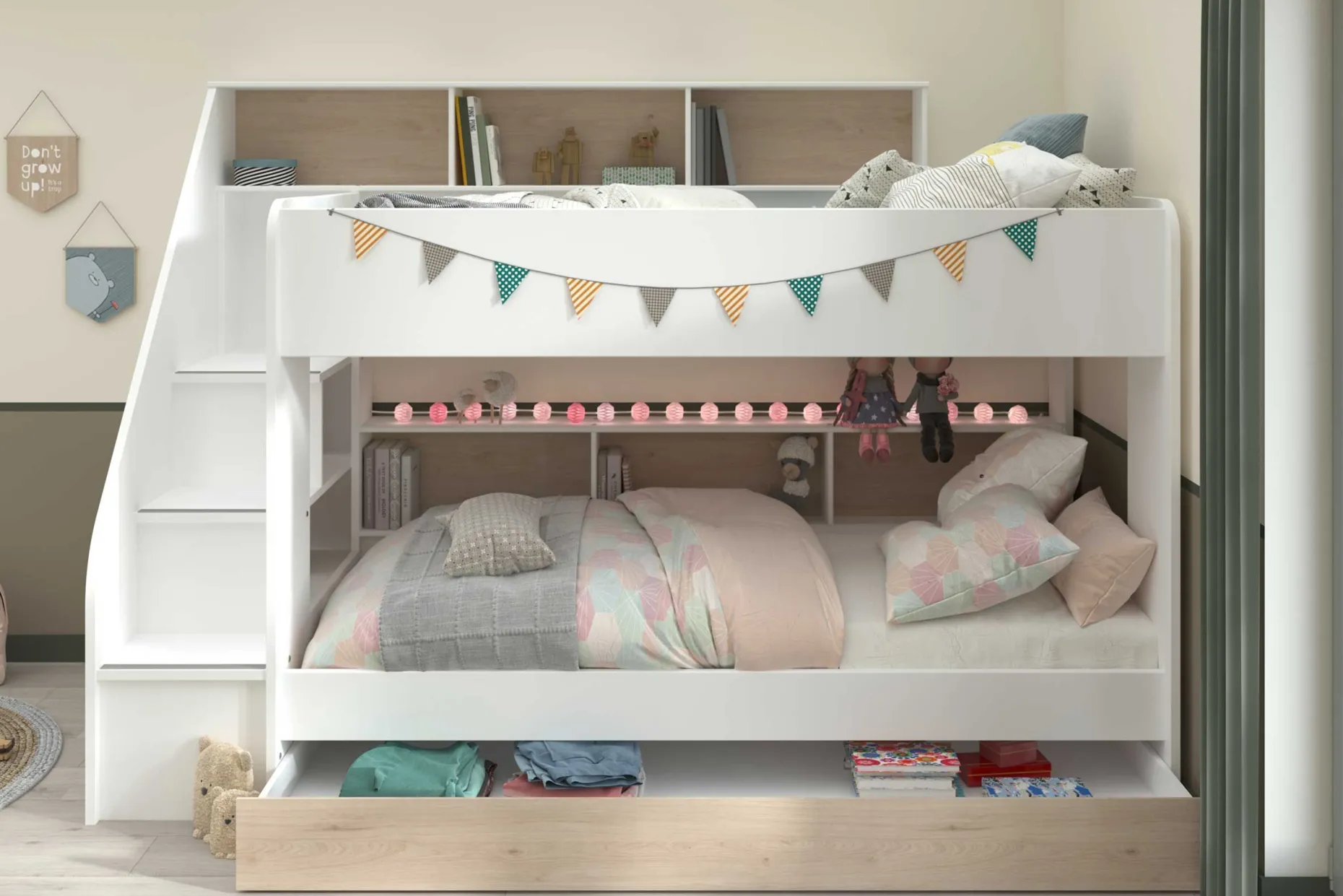 Etagenbett Lester 90x200 mit Stauraum - weiß/Eiche