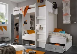 Etagenbett Lopes 90x200cm mit Kleiderschrank - Beton/Weiß